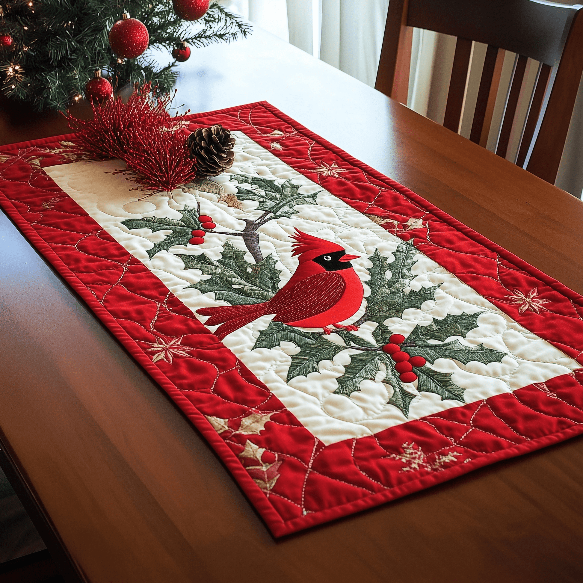 Holly Cardinal Quilted Table Runner Holiday Dining Table Runner Decorations Xmas Gifts - Bancroftclothings