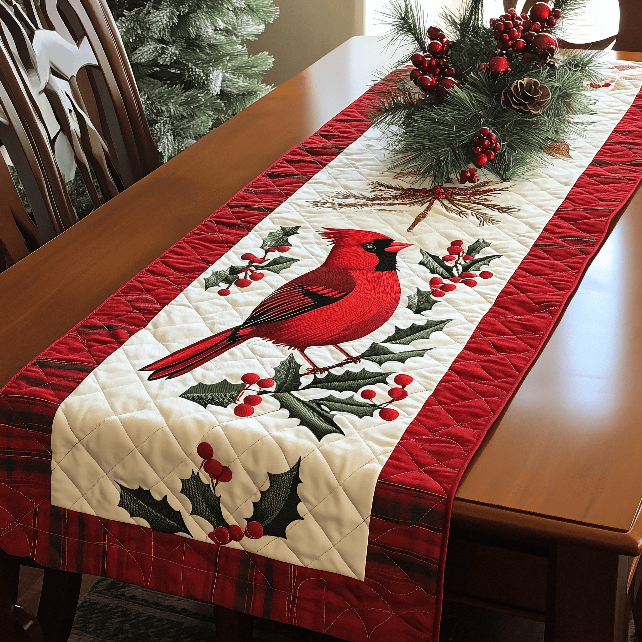Holly Cardinal Quilted Table Runner Indoor Cardinal Christmas Decorations Family Gifts - Bancroftclothings