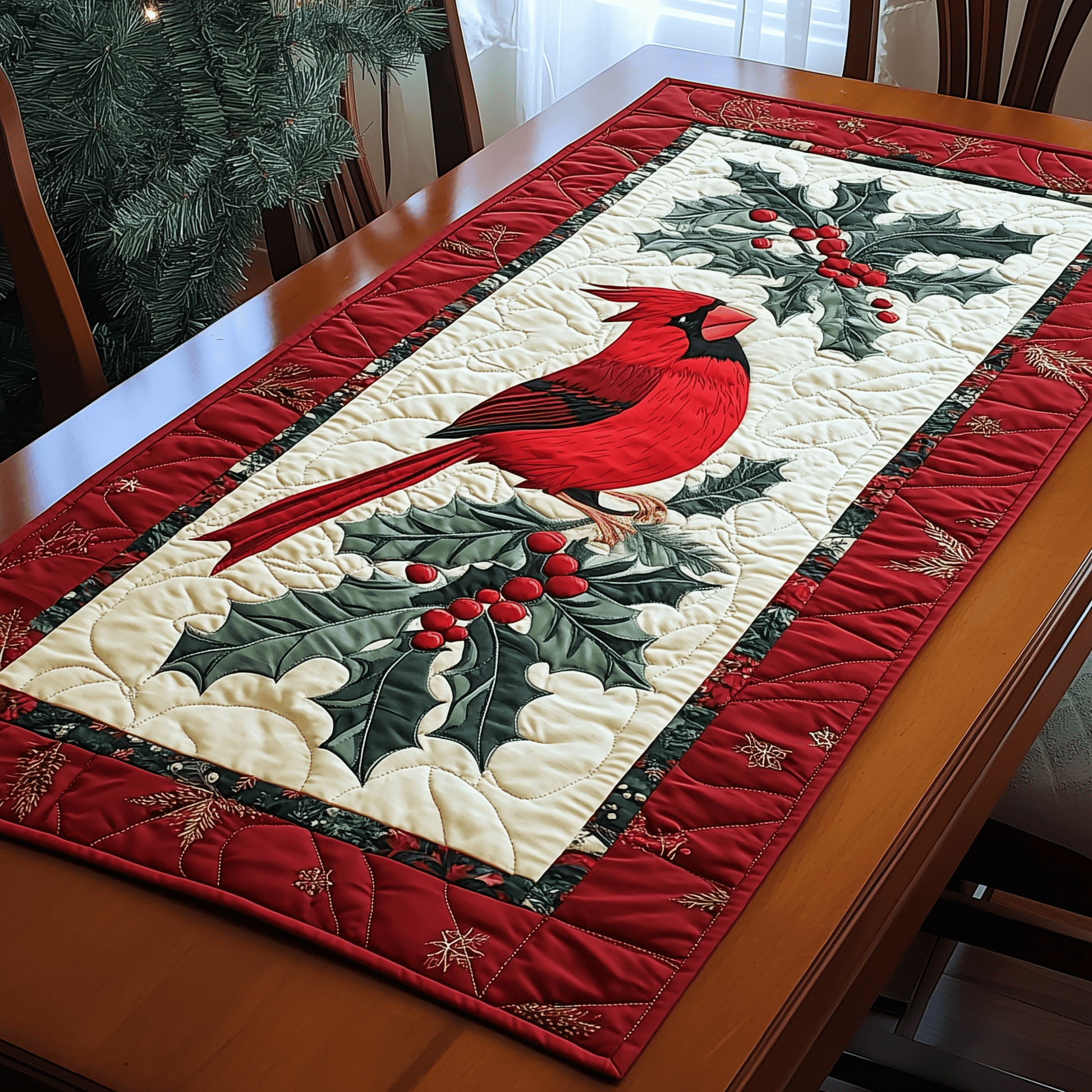 Holly Cardinal Quilted Table Runner Modern Dining Table Runner Holiday Cardinal Gifts For Christmas - Bancroftclothings