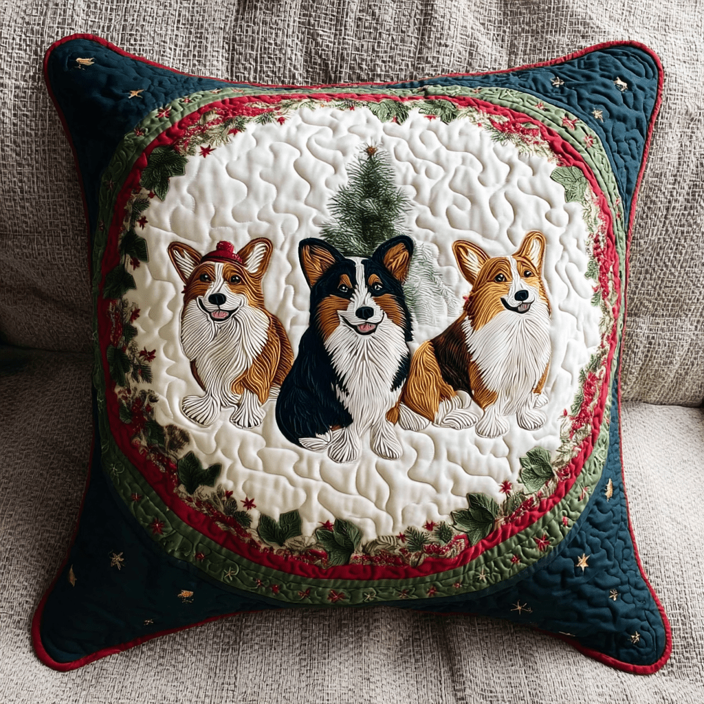 Jolly Corgi Tails Quilted Pillow Case Christmas Throw Pillow Covers Dog Themed Presents - Bancroftclothings