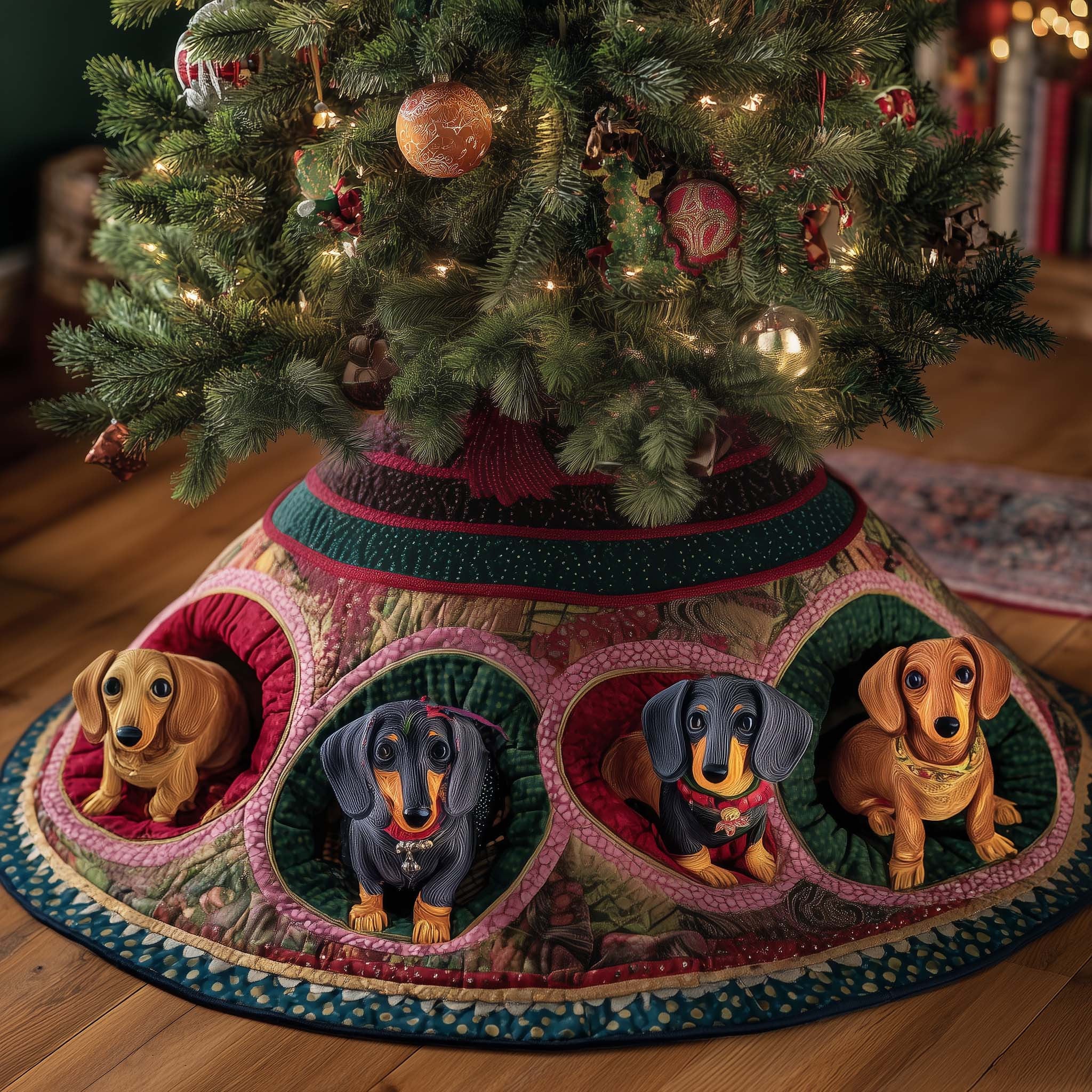 Jolly Dachshund Quilted Tree Skirt Aesthetic Home Decor Dog Lover Christmas Presents - Bancroftclothings