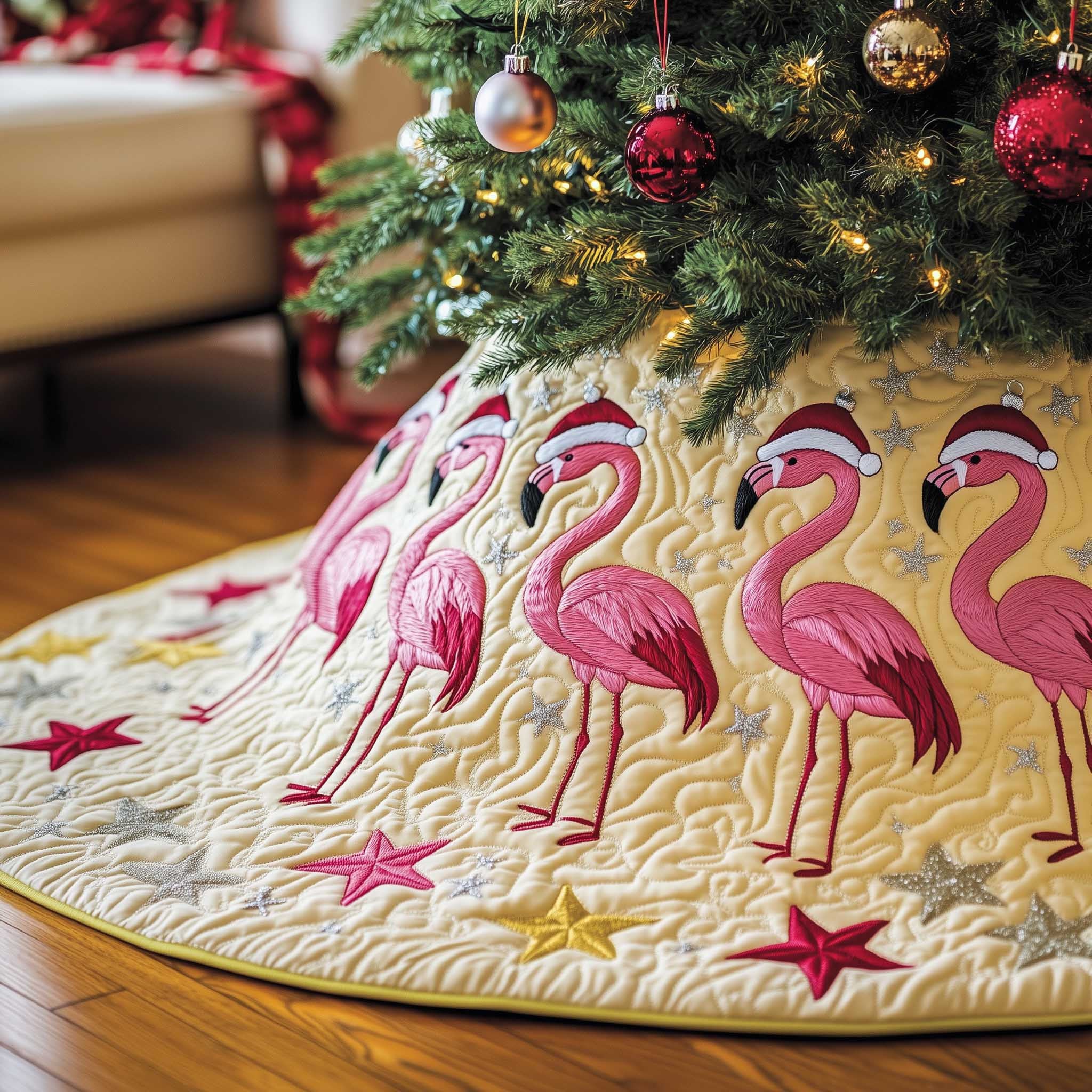 Jolly Flamingo Quilted Tree Skirt Aesthetic Home Decor Flamingo Lover Holiday Gifts - Bancroftclothings