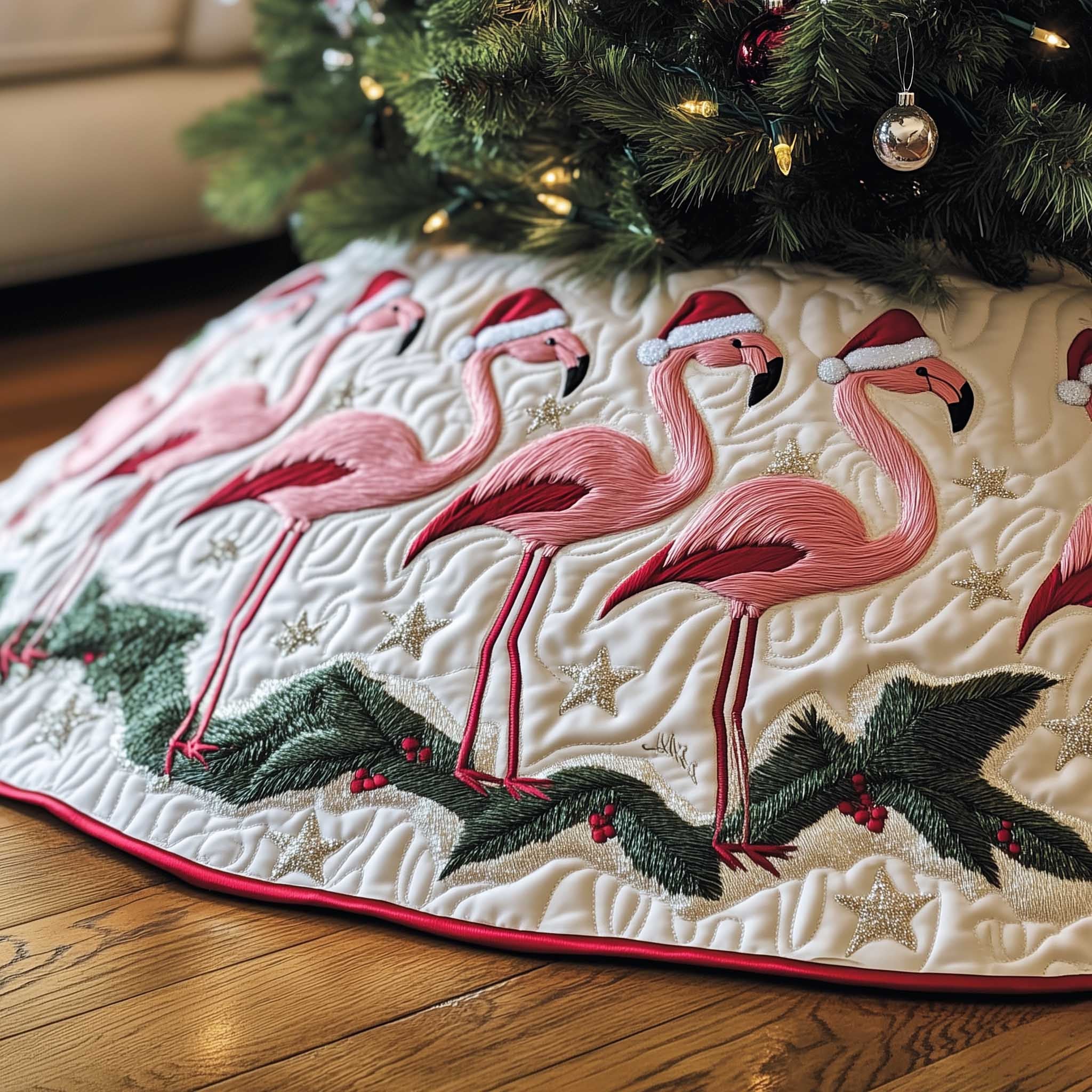 Jolly Flamingo Quilted Tree Skirt Animal Themed Aesthetic Home Decor Animal Lover Gifts - Bancroftclothings