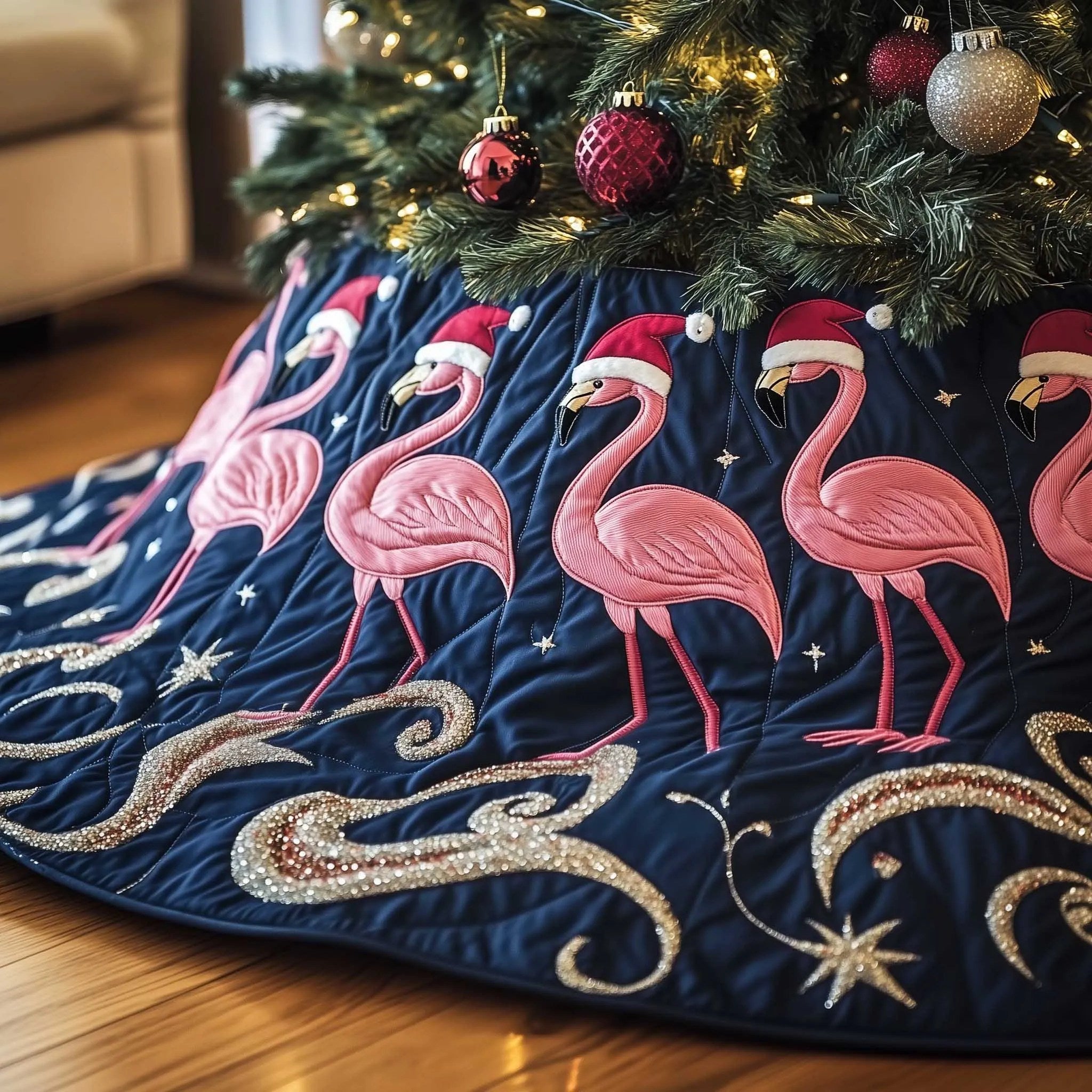 Jolly Flamingo Quilted Tree Skirt Animal Themed Aesthetic Home Decor Flamingo Presents - Bancroftclothings