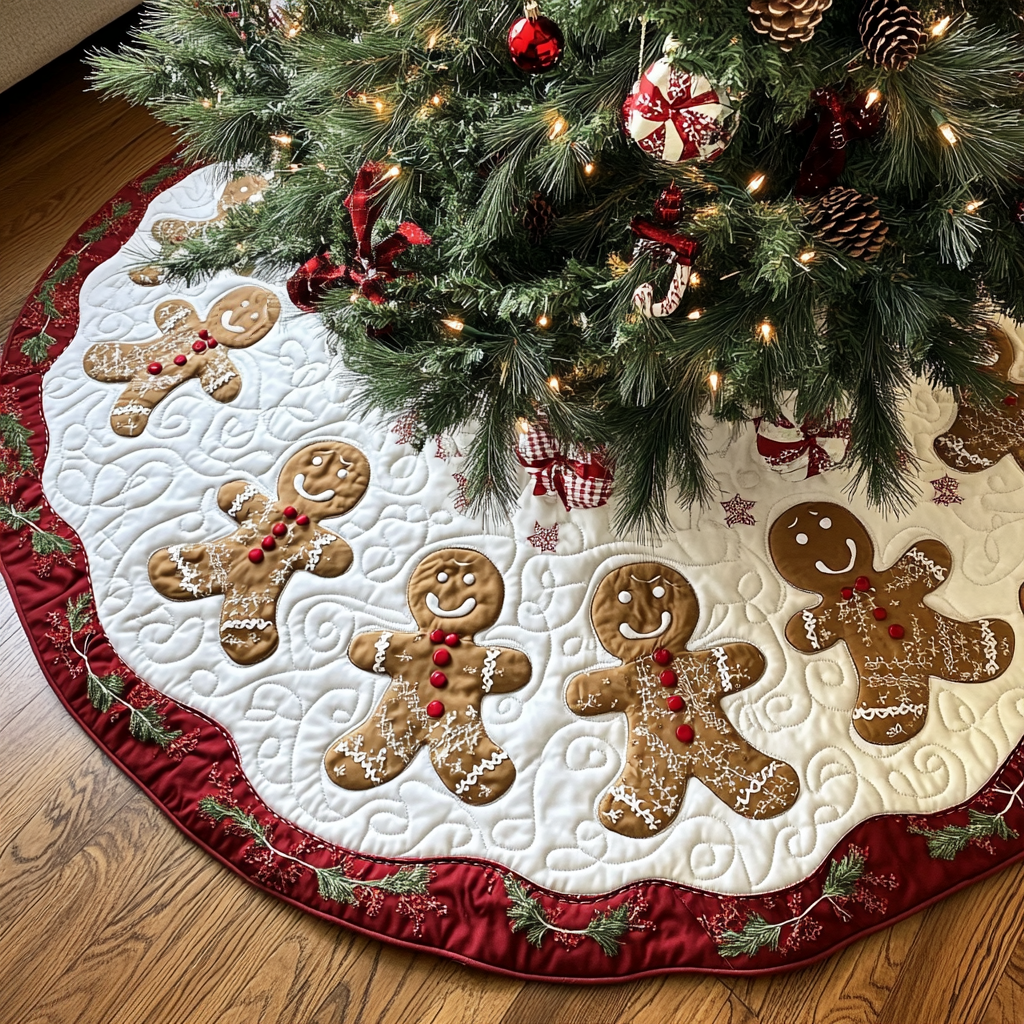 Jolly Gingerbread Circle Christmas Quilted Tree Skirt Exclusive Holiday Tree Skirt Gift for Families - Bancroftclothings
