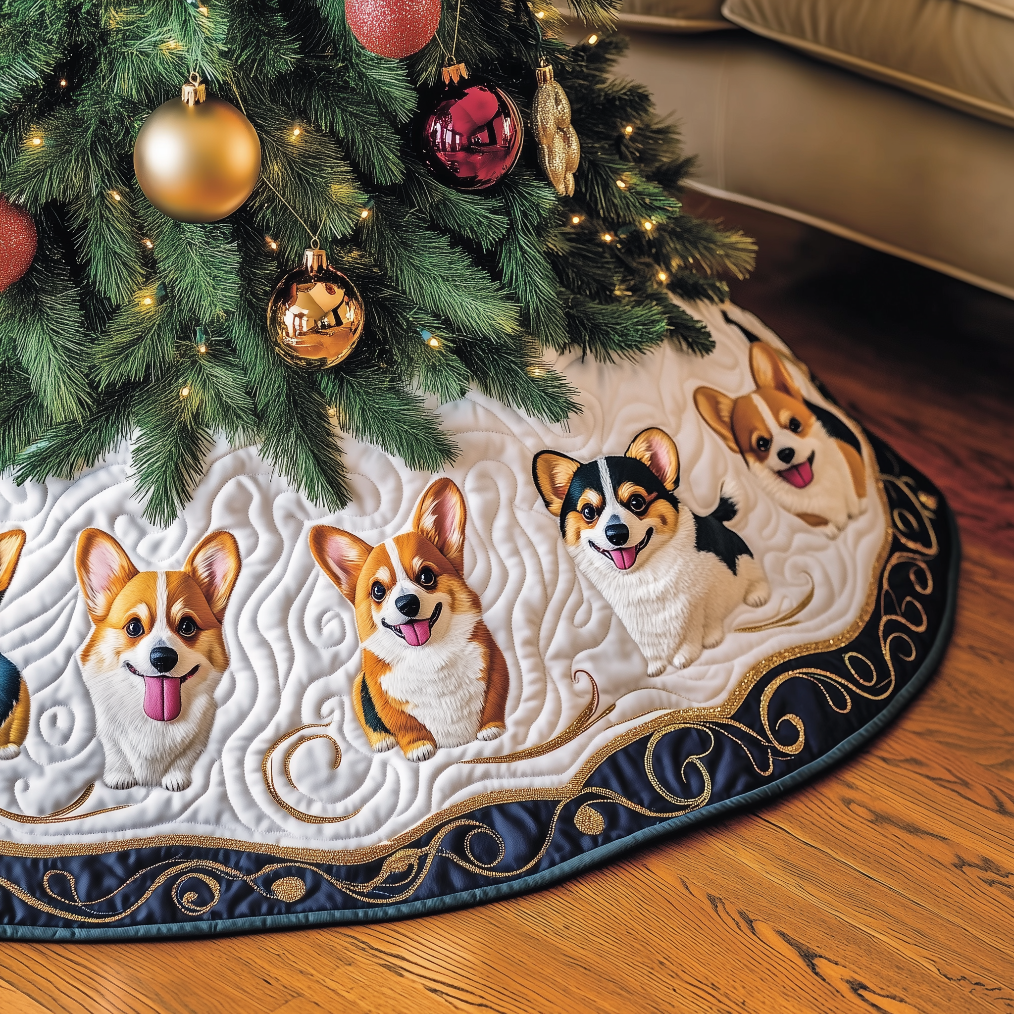 Joyful Christmas Corgi Quilted Tree Skirt Cute Xmas Tree Decorations Gifts For Corgi Owners - Bancroftclothings