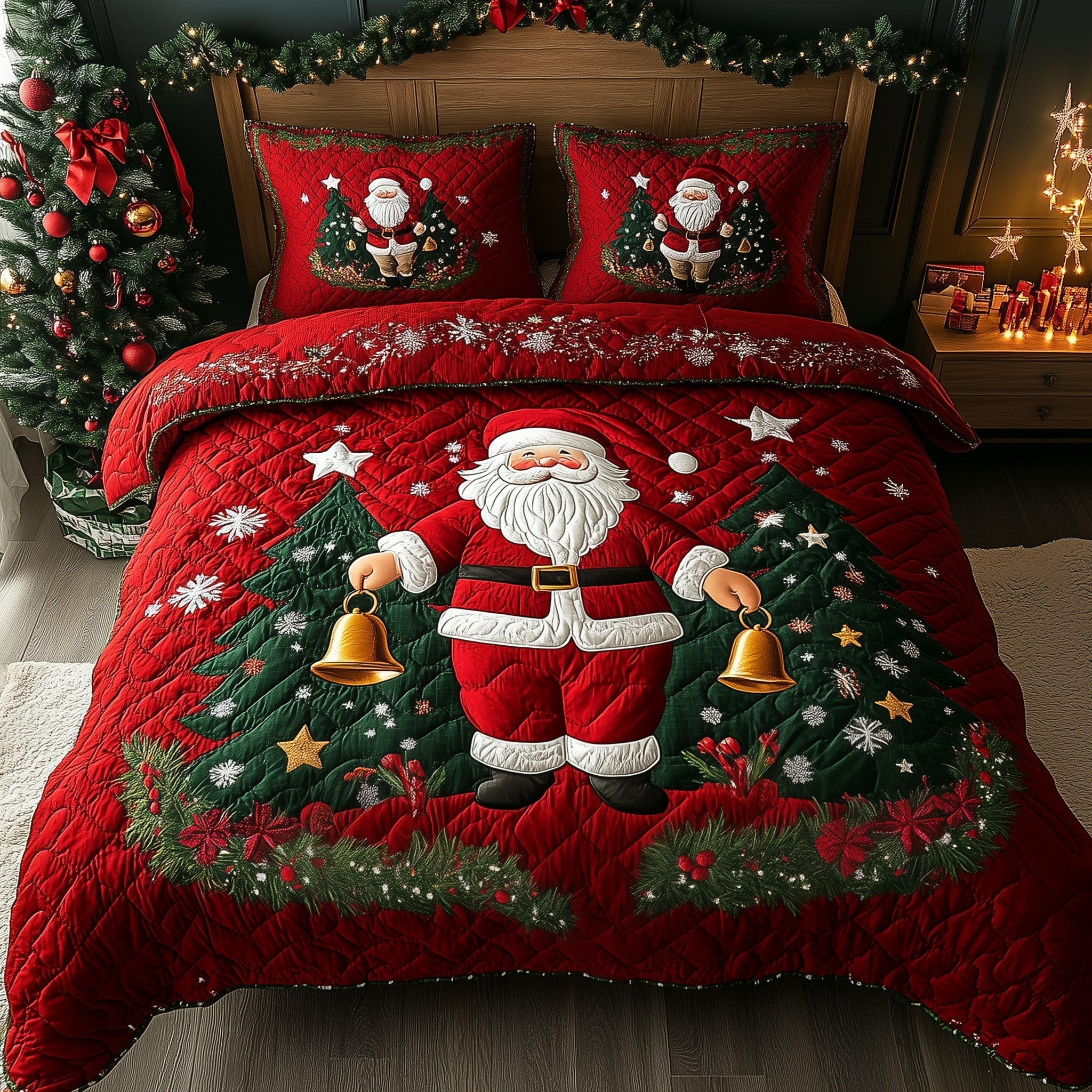 Joyful Santa Quilted Bedding Set Santa With Bell Home Decor Awesome Xmas Bedding Presents - Bancroftclothings