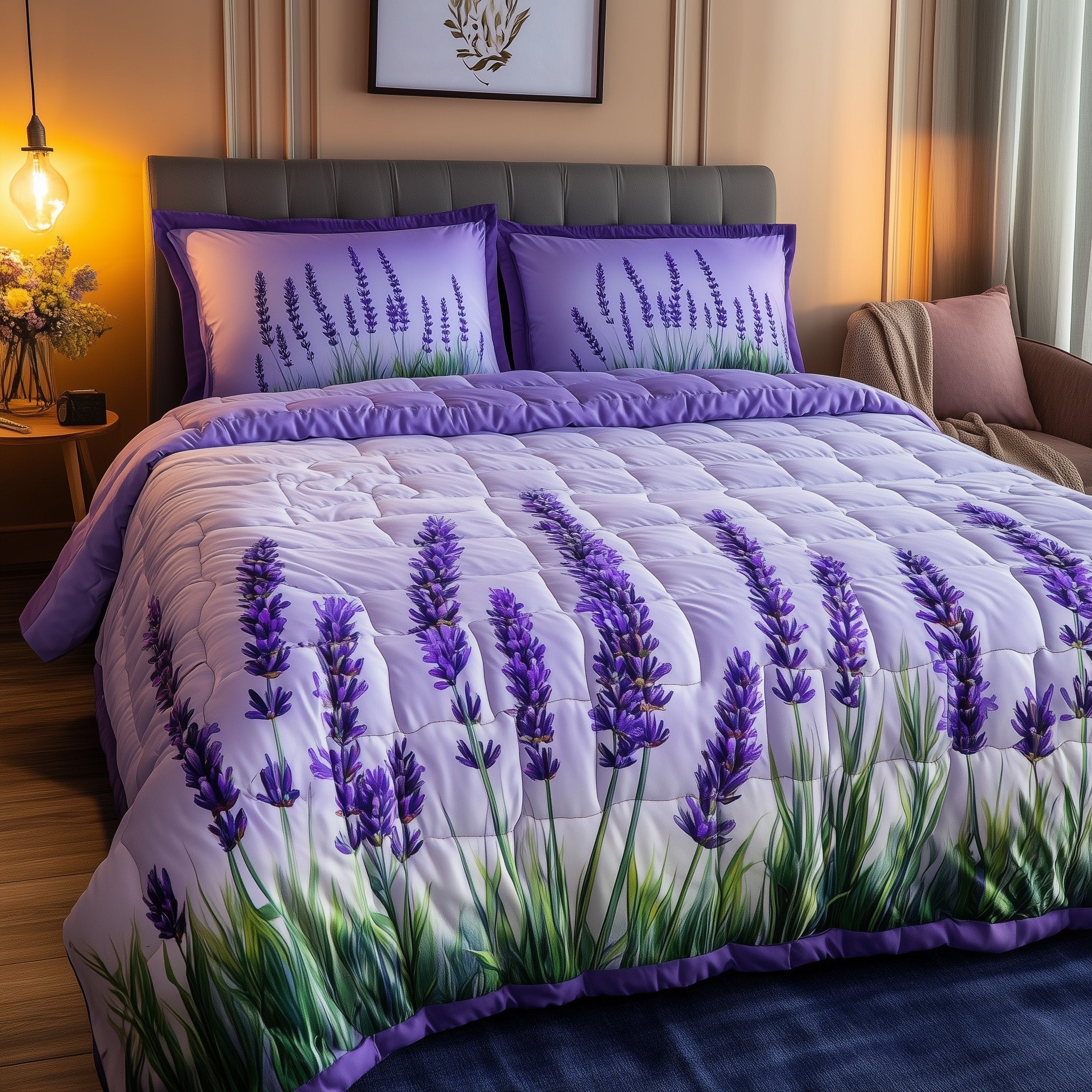 Lavender Charm Quilted Bedding Set Pastel Purple Style Calming Gift For Her - Bancroftclothings