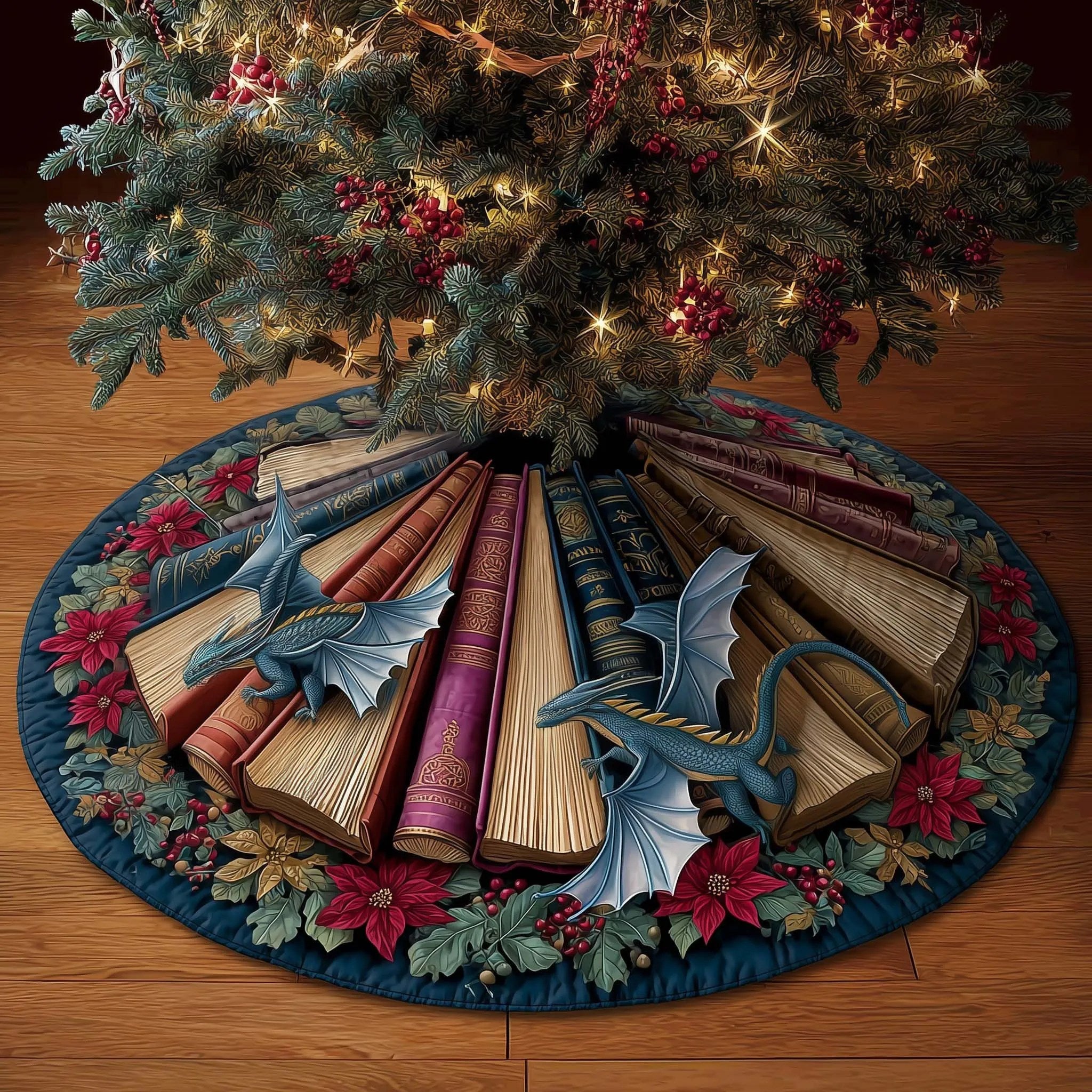 Library Dragon Quilted Tree Skirt Fantasy Themed Aesthetic Home Decor Bookish Xmas Gifts - Bancroftclothings
