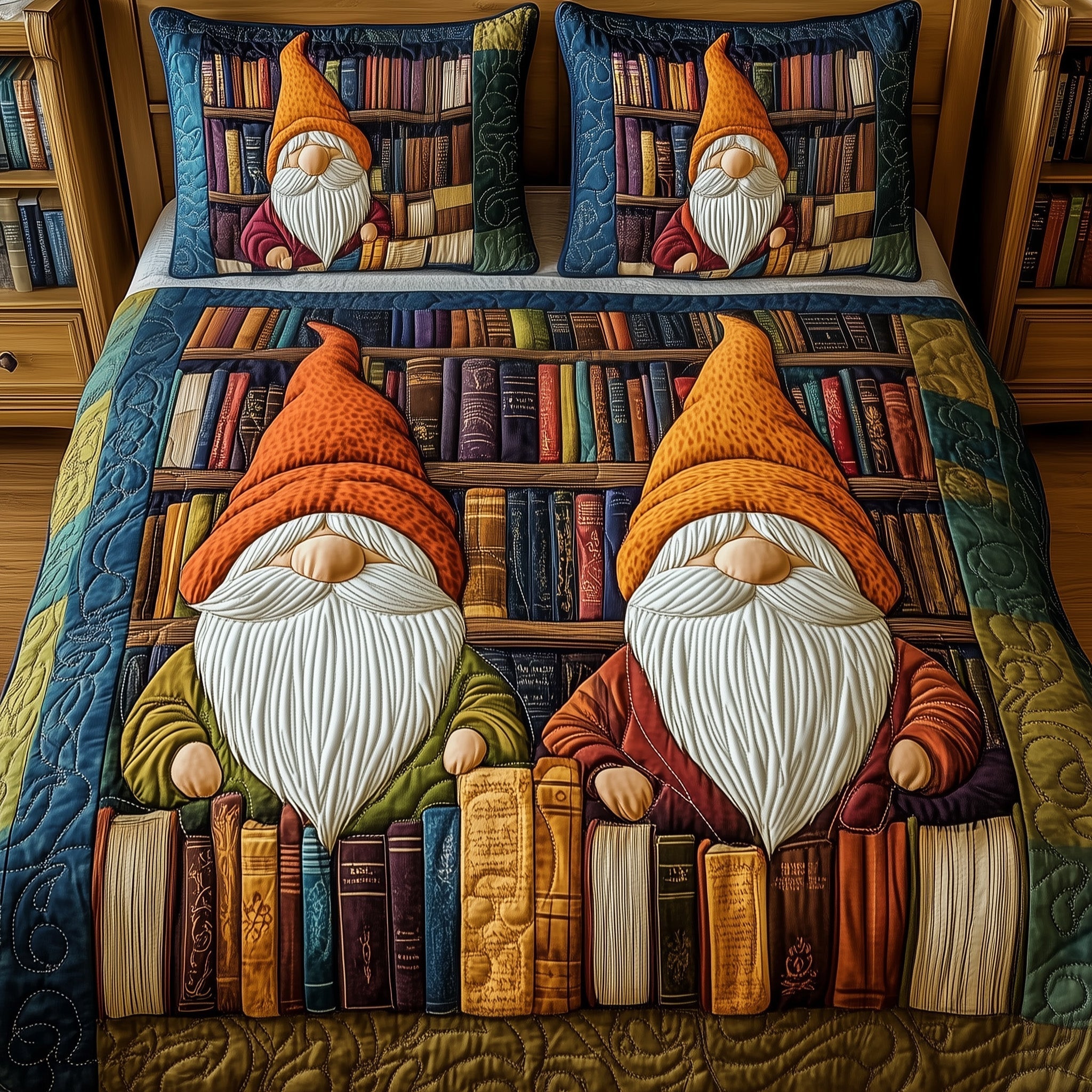 Library Keeper Quilted Bedding Set Gnomes With Books Best Autumn Bedroom Gifts - Bancroftclothings