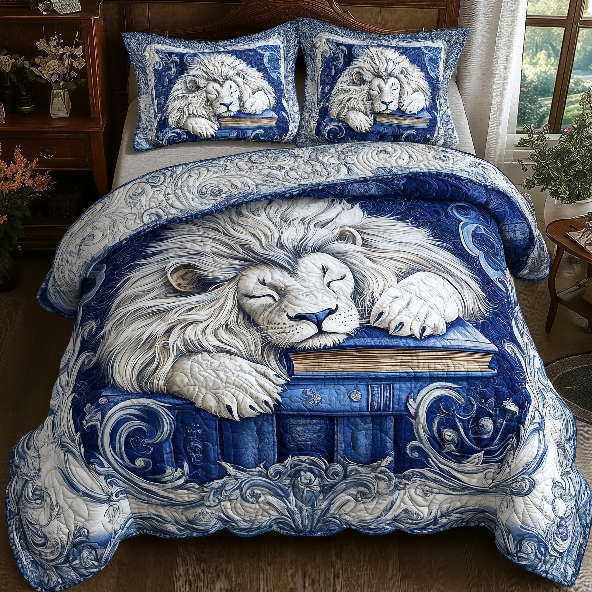 Lion Lore Quilted Bedding Set Classic Resting Lion Decor Peaceful Animal Design Presents - Bancroftclothings