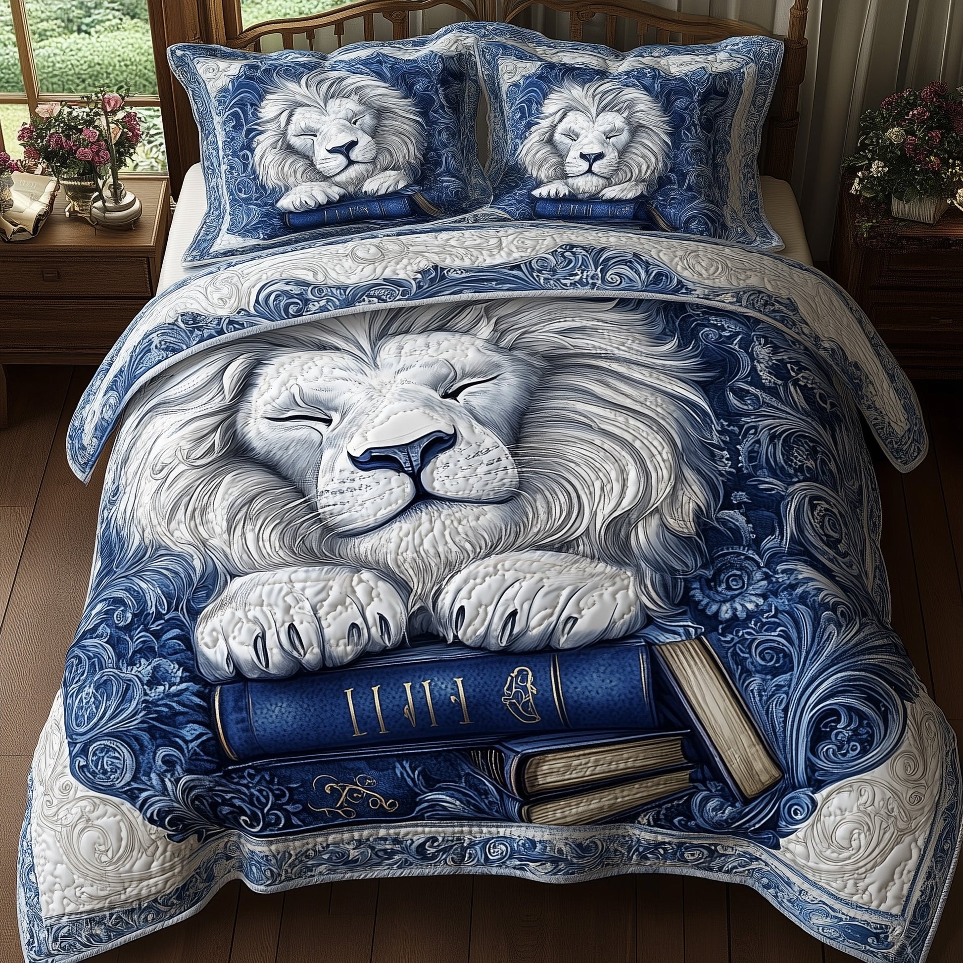 Lion Lore Quilted Bedding Set Classic Resting Lion Decor Peaceful Animal Theme Gifts - Bancroftclothings