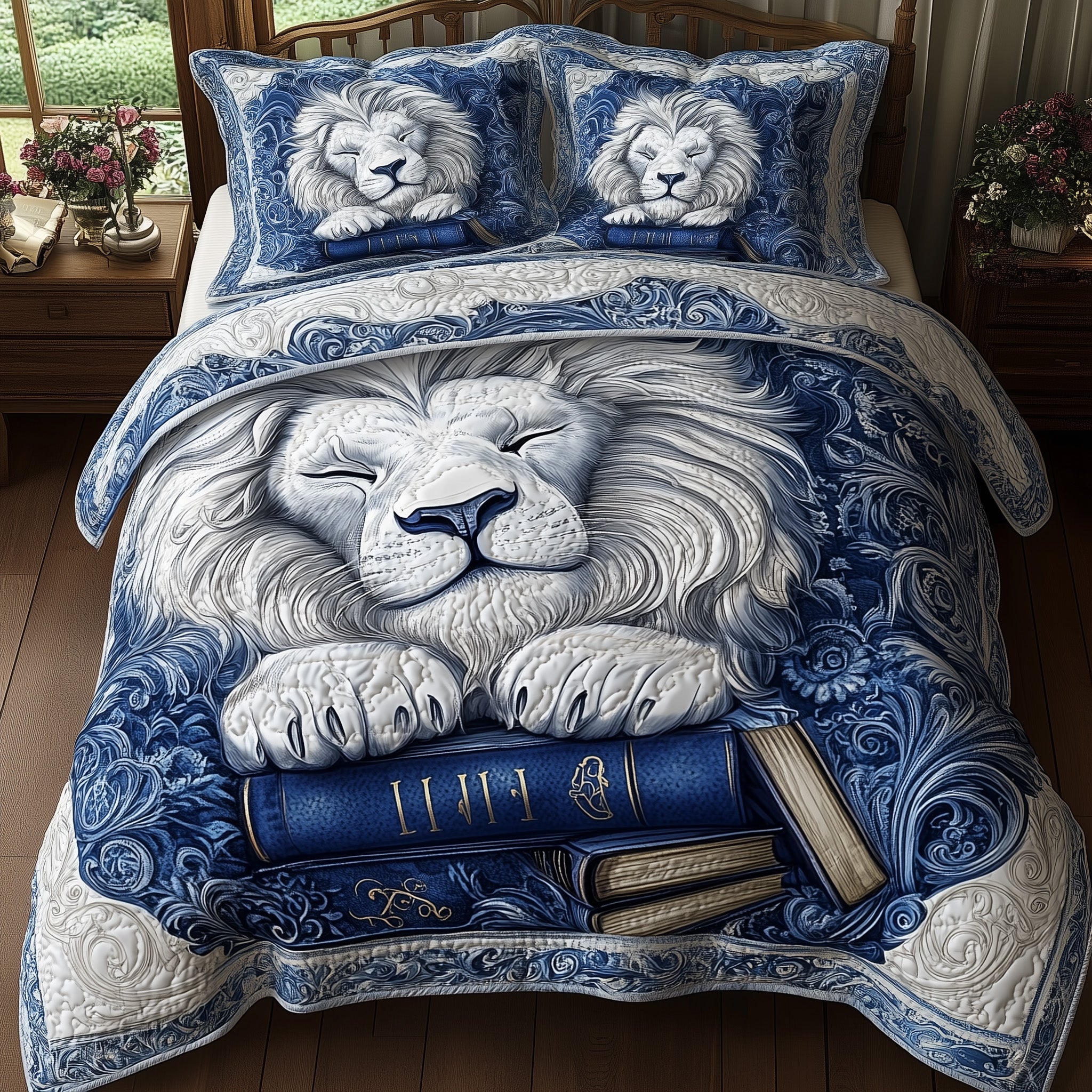 Lion Lore Quilted Bedding Set Classic Resting Lion Decor Peaceful Animal Theme Gifts - Bancroftclothings