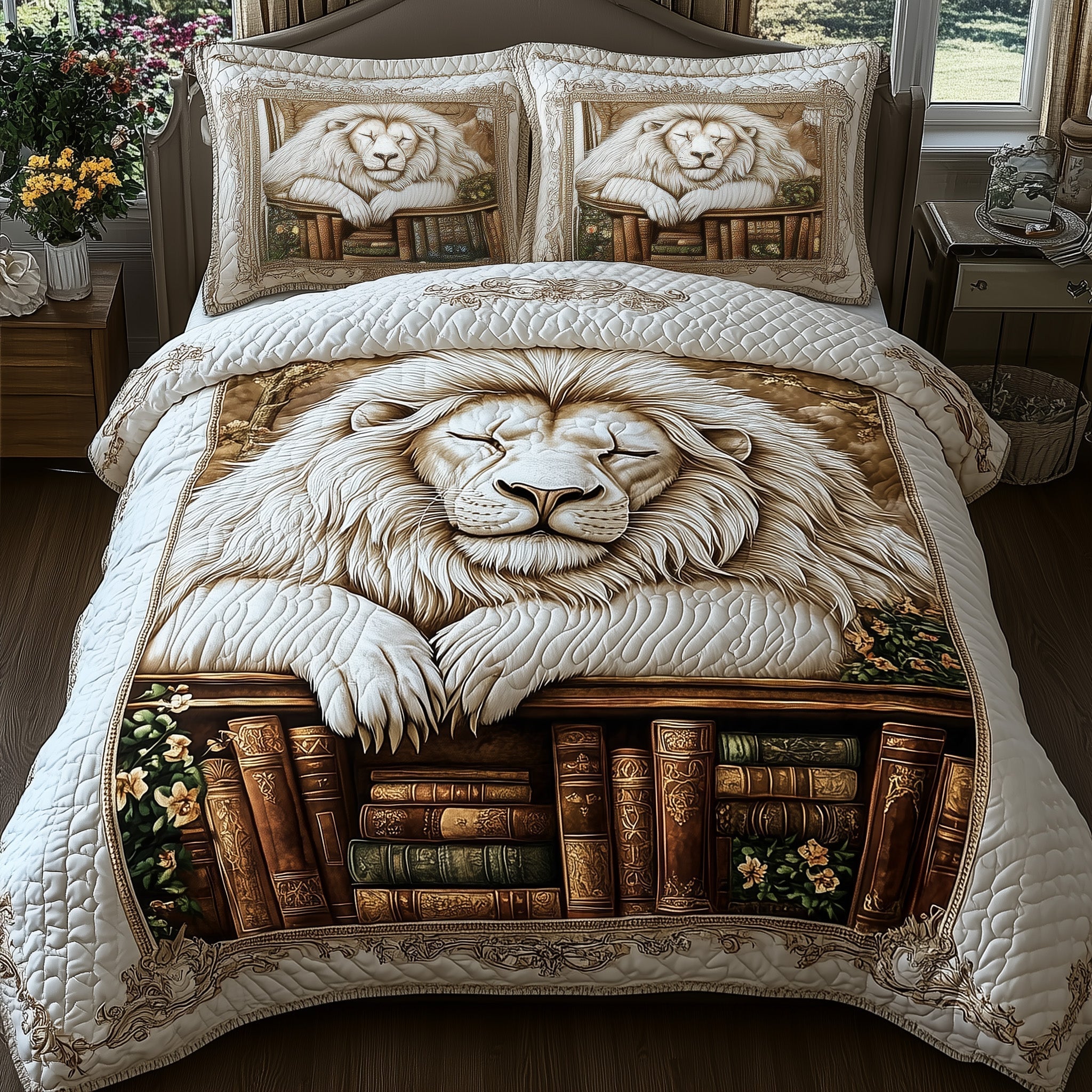 Lion On Books Quilted Bedding Set Classic Lion Face Decor Best Wildlife Design Gifts - Bancroftclothings