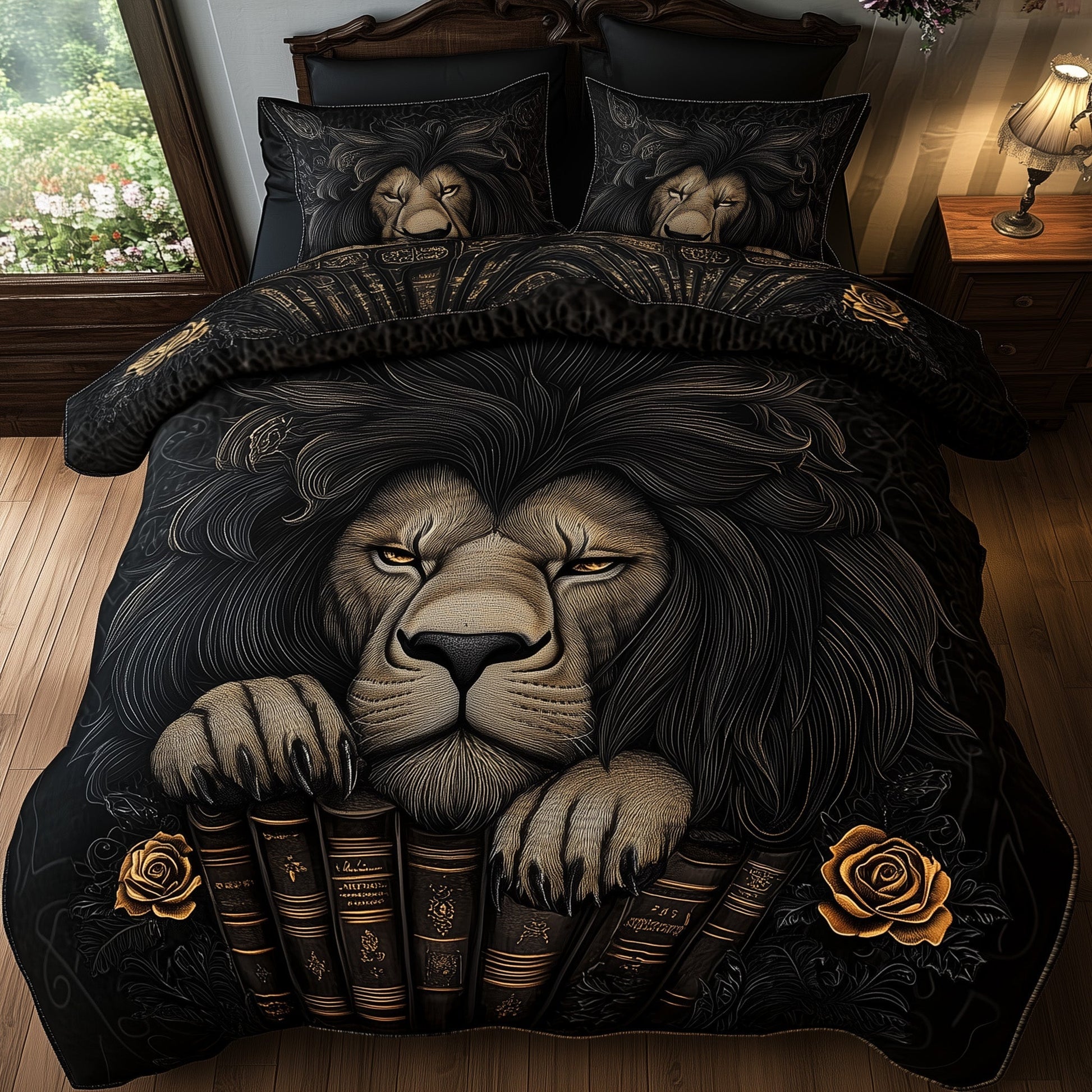 Lion On Books Quilted Bedding Set Classic Resting Lion Decor Peaceful Animal Design Gifts - Bancroftclothings