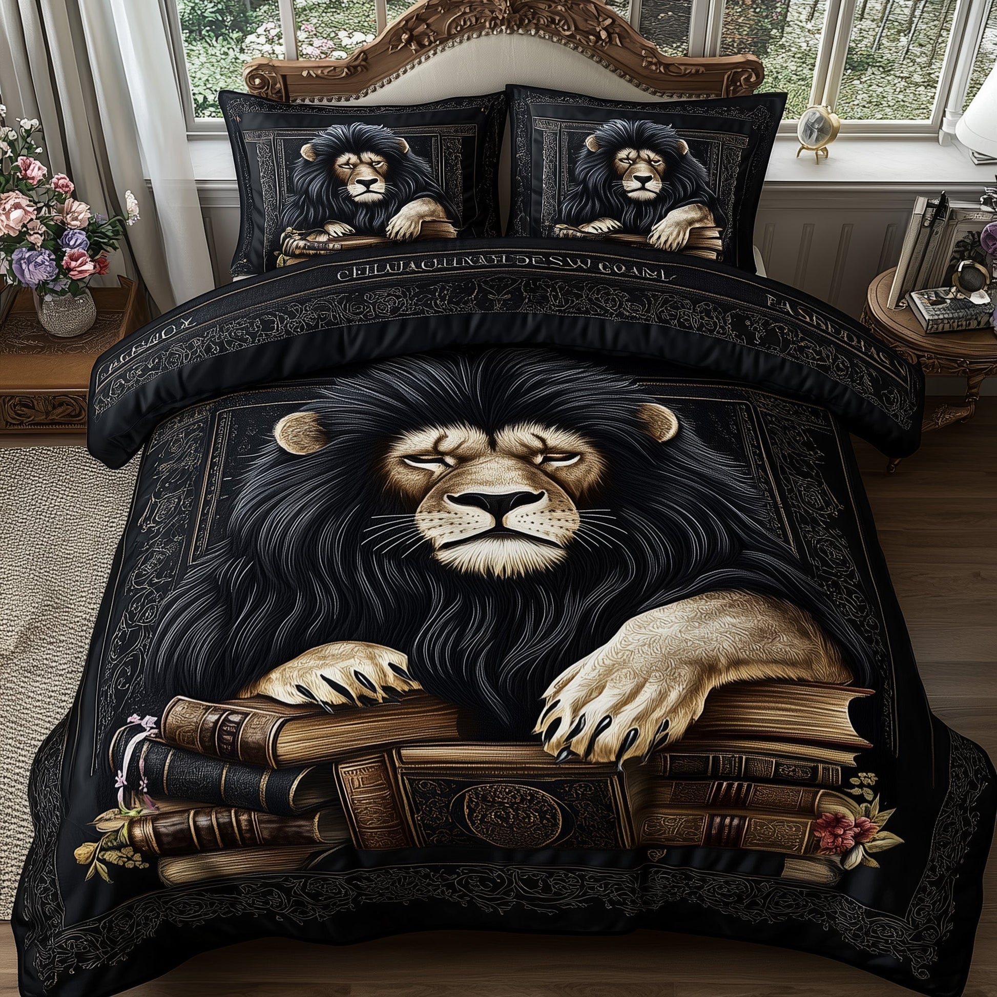Lions Library Quilted Bedding Set Classic Lion Decor Best Wildlife Design Gifts - Bancroftclothings