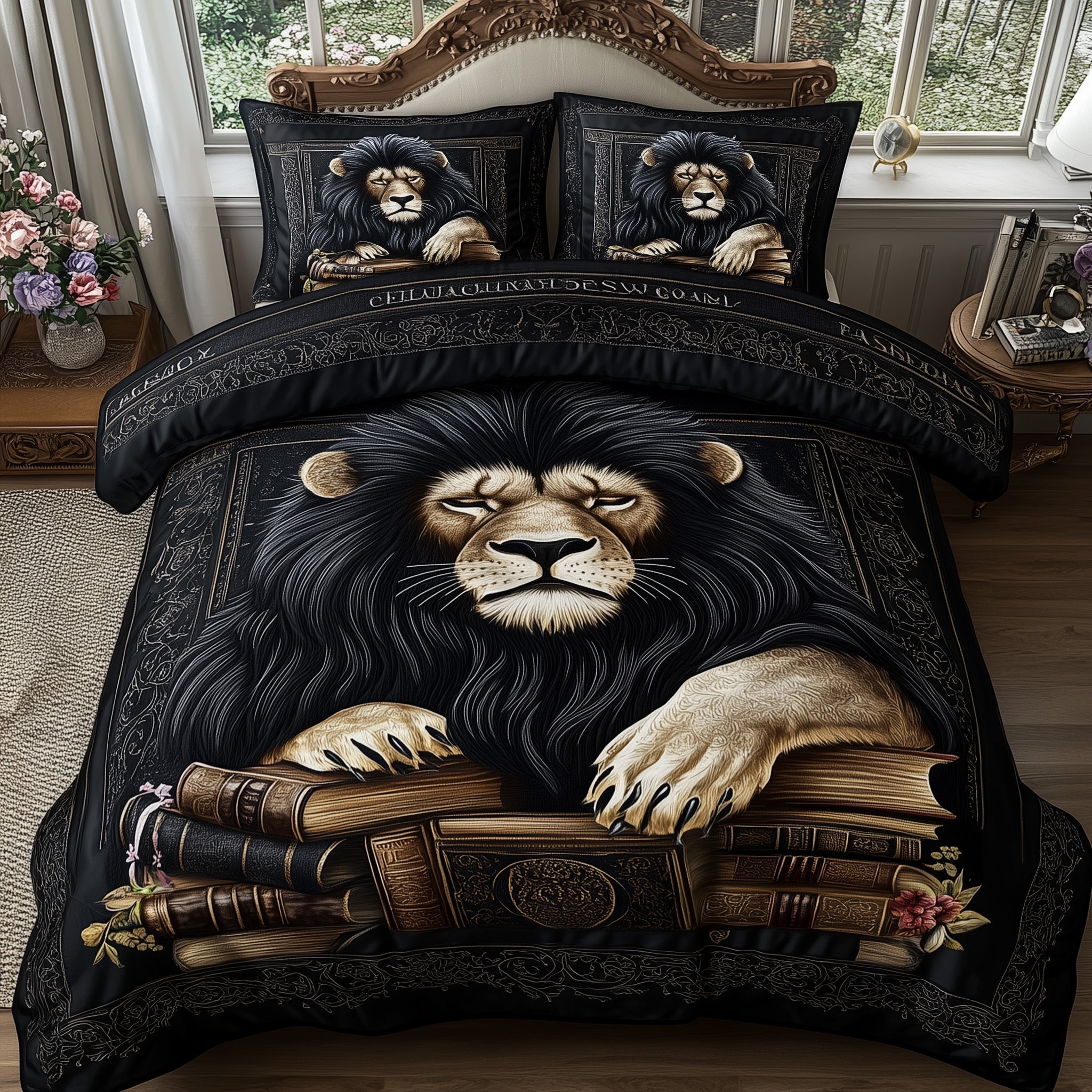 Lions Library Quilted Bedding Set Classic Lion Decor Best Wildlife Design Gifts - Bancroftclothings