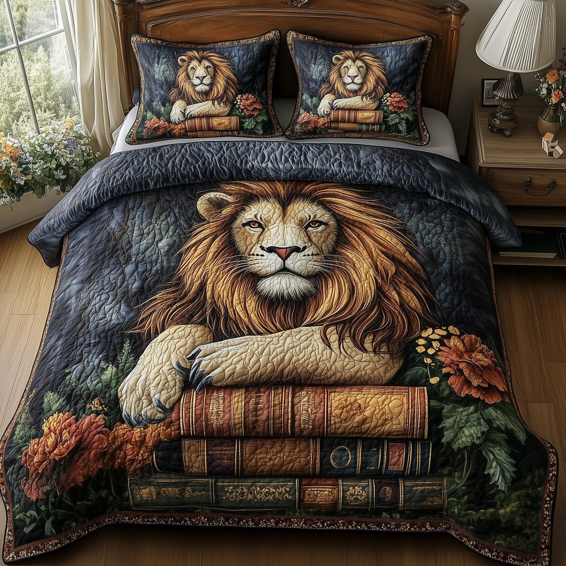 Lions Library Quilted Bedding Set Lion Reading Room Decor Peaceful Animal Themed Gifts - Bancroftclothings