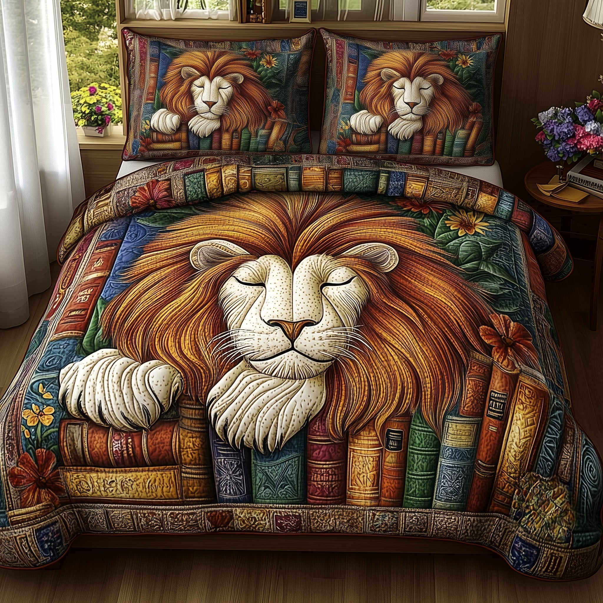 Lions Library Quilted Bedding Set Resting Lion With Books Decor Bedding Gifts For Lion Lovers - Bancroftclothings