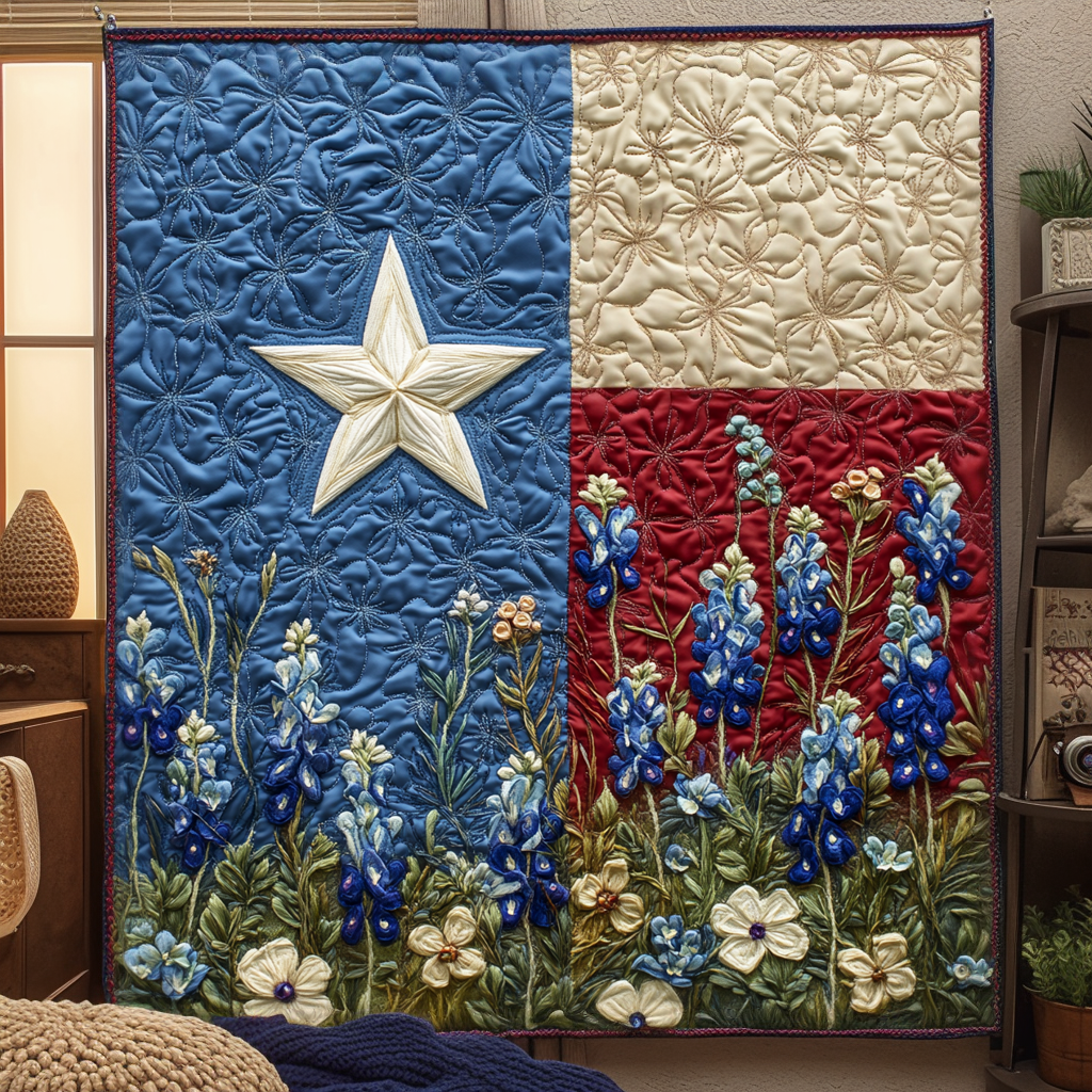 Lone Star Blooms Quilted Blanket Texas Bluebonnet Throw Blanket Family Xmas Presents - Bancroftclothings