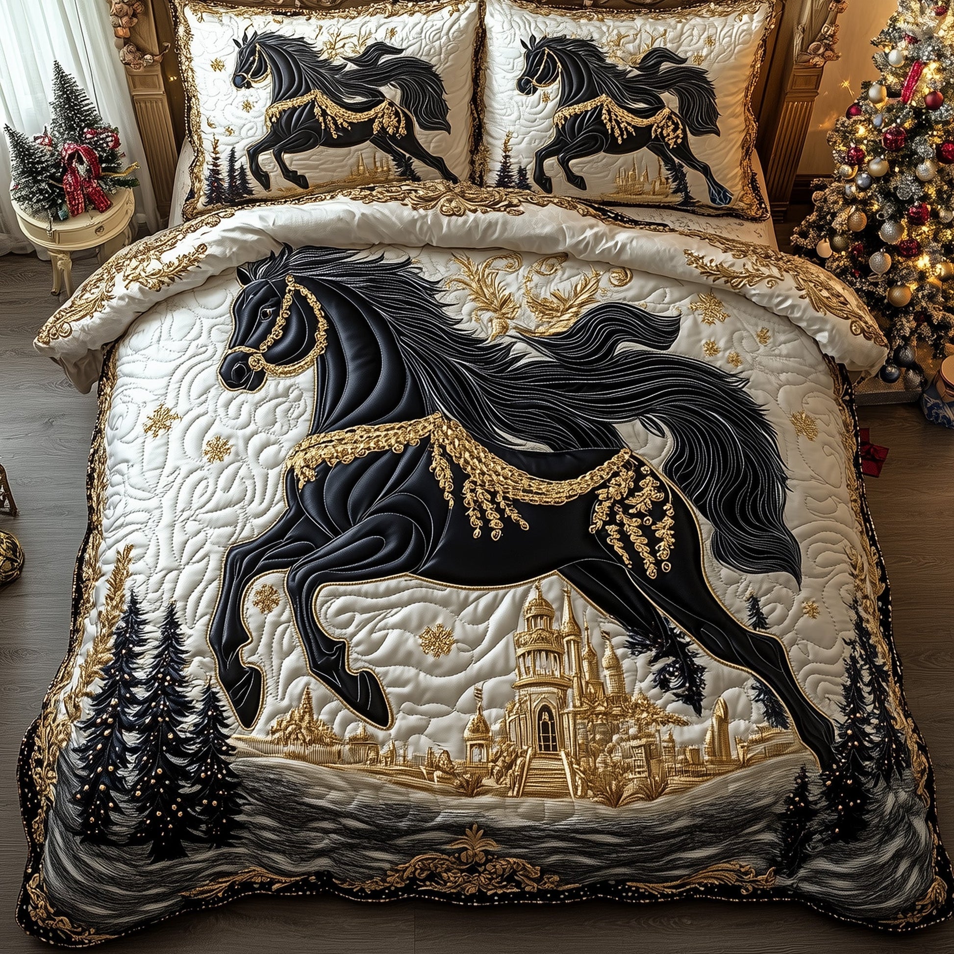 Majestic Black Horse Quilted Bedding Set Running Horse Inspired Theme Horse Lovers Gifts - Bancroftclothings