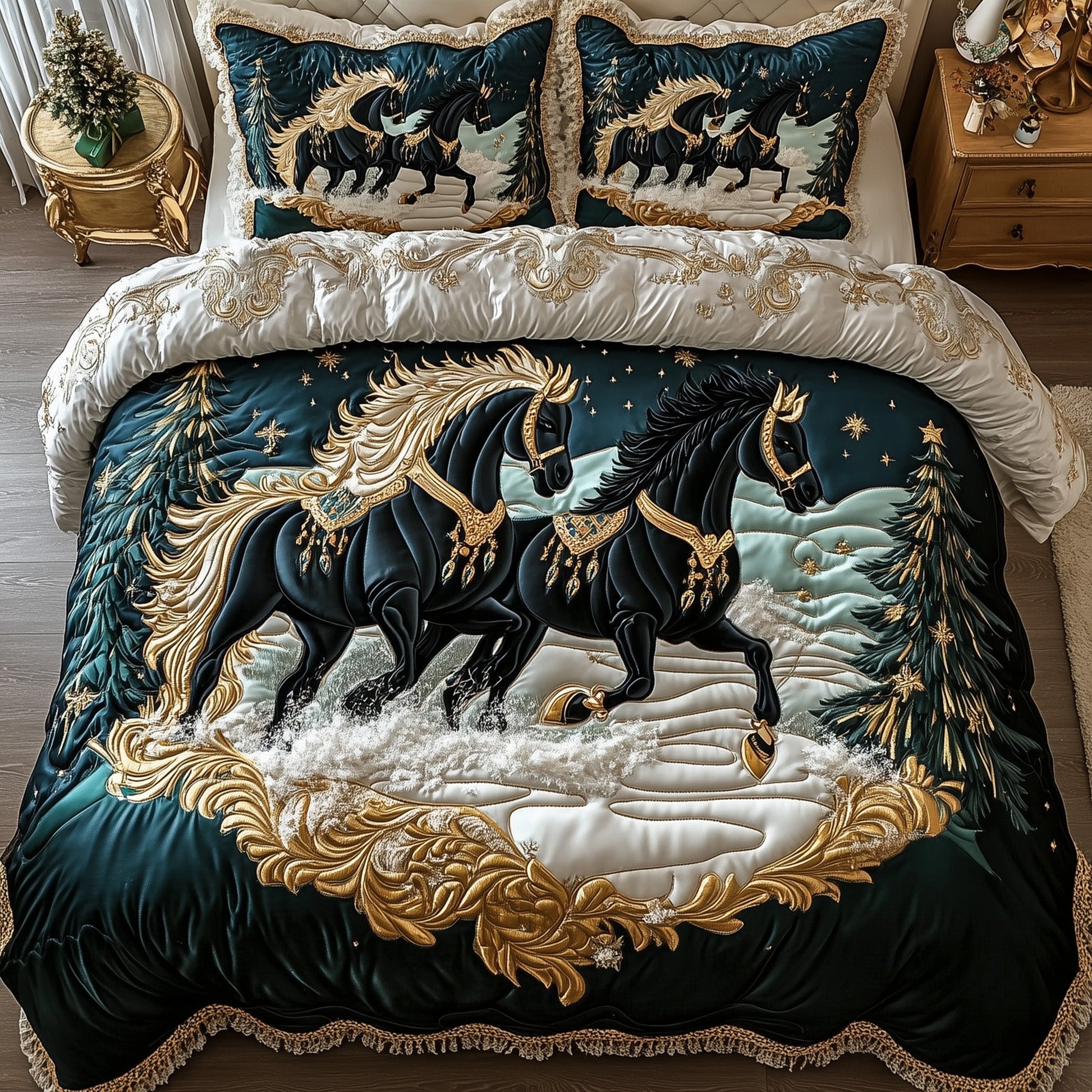 Majestic Black Horse Quilted Bedding Set Running Horse Xmas Day Theme Horse Lovers Gifts - Bancroftclothings