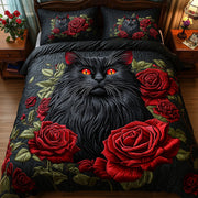 Majestic Cat Quilted Bedding Set Black Cat Red Roses Floral Design Cat Lovers Bedding Gifts - Bancroftclothings