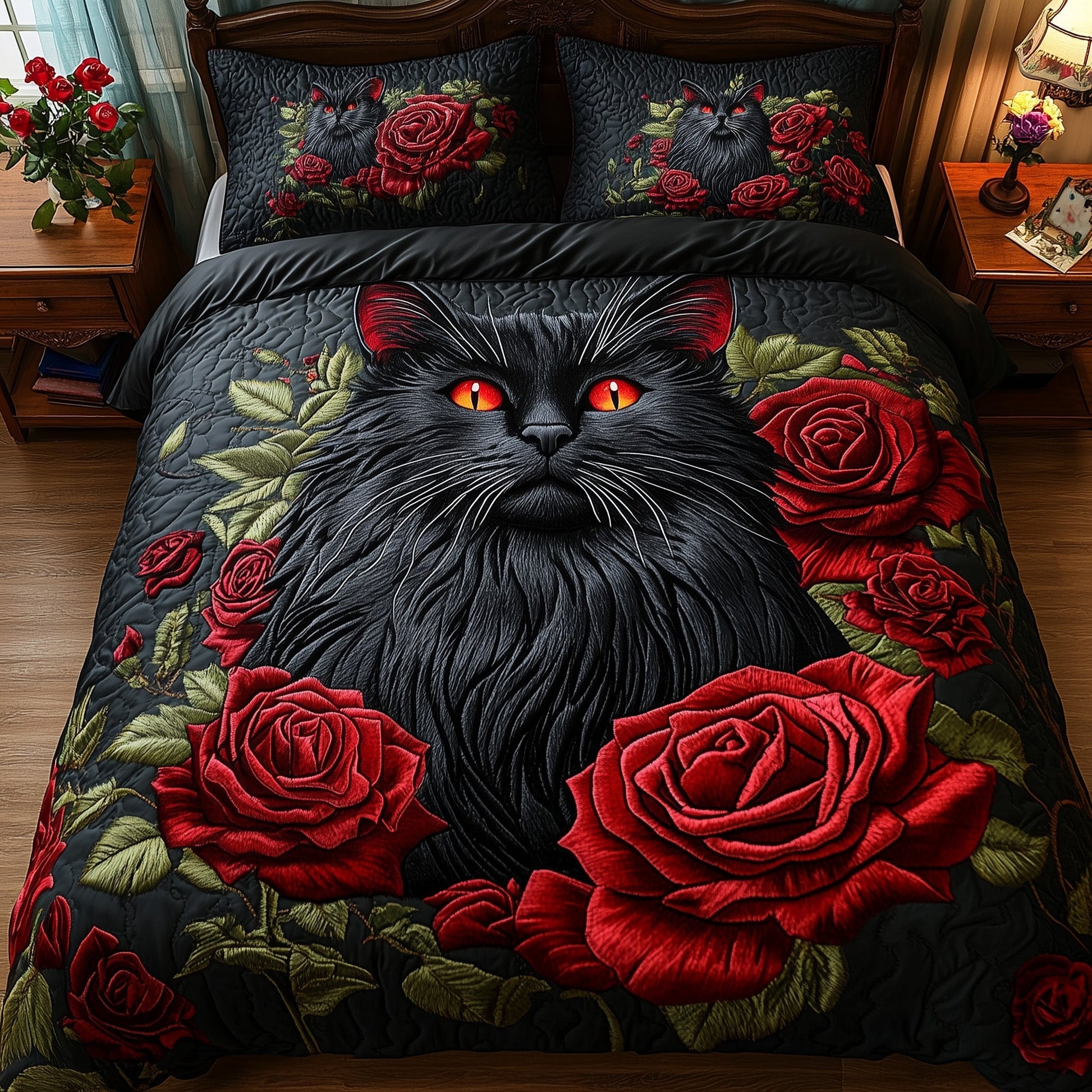 Majestic Cat Quilted Bedding Set Black Cat Red Roses Floral Design Cat Lovers Bedding Gifts - Bancroftclothings
