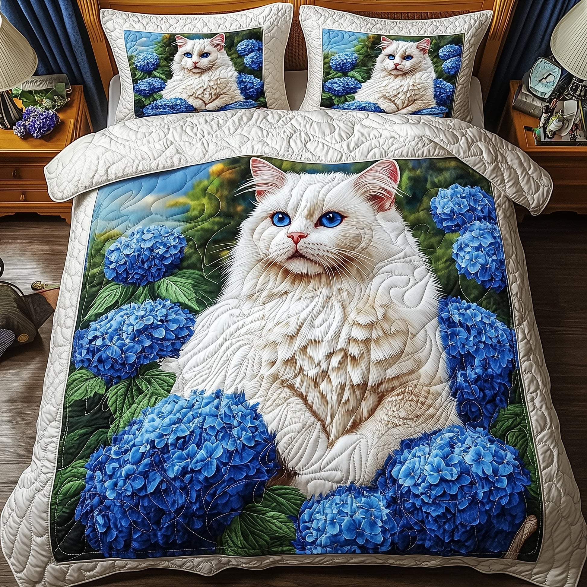 Majestic Cat Quilted Bedding Set Elegant Cat Hydrangeas Themed Cat Lovers Bedding Gifts - Bancroftclothings