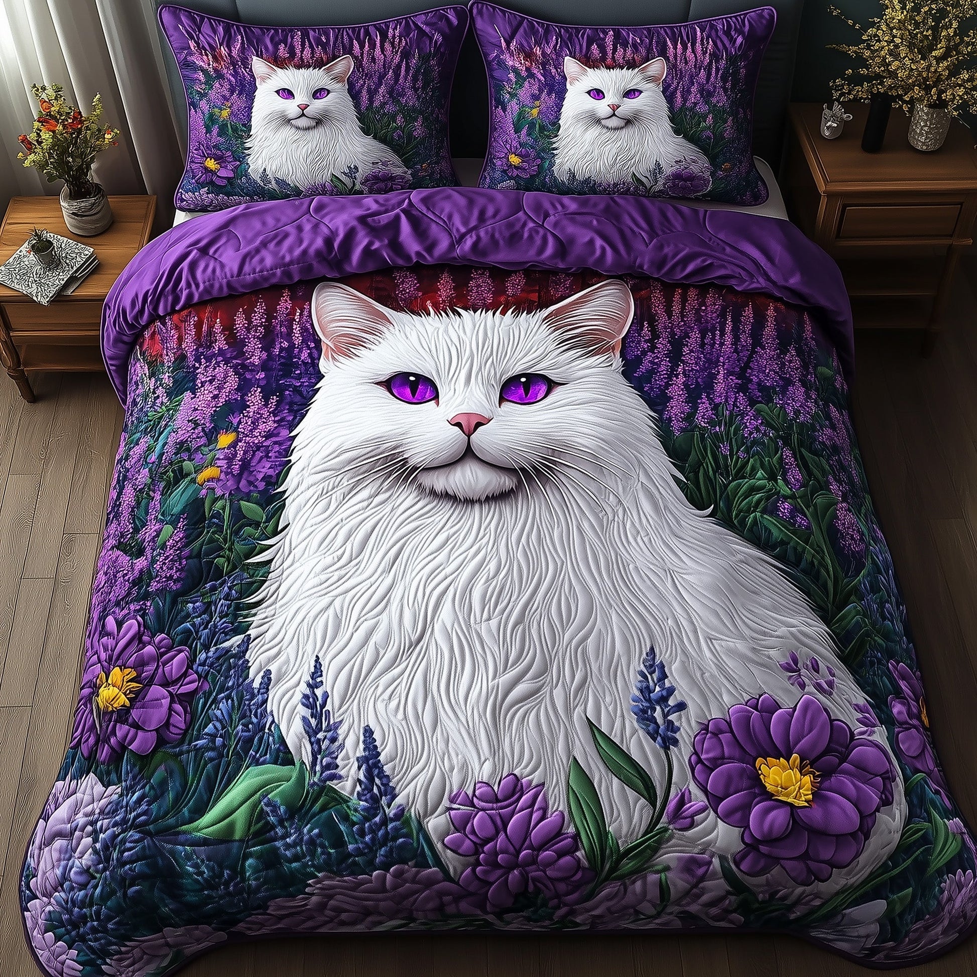 Majestic Cat Quilted Bedding Set Elegant Cat Portrait Floral Design Cat Lovers Bedding Gifts - Bancroftclothings