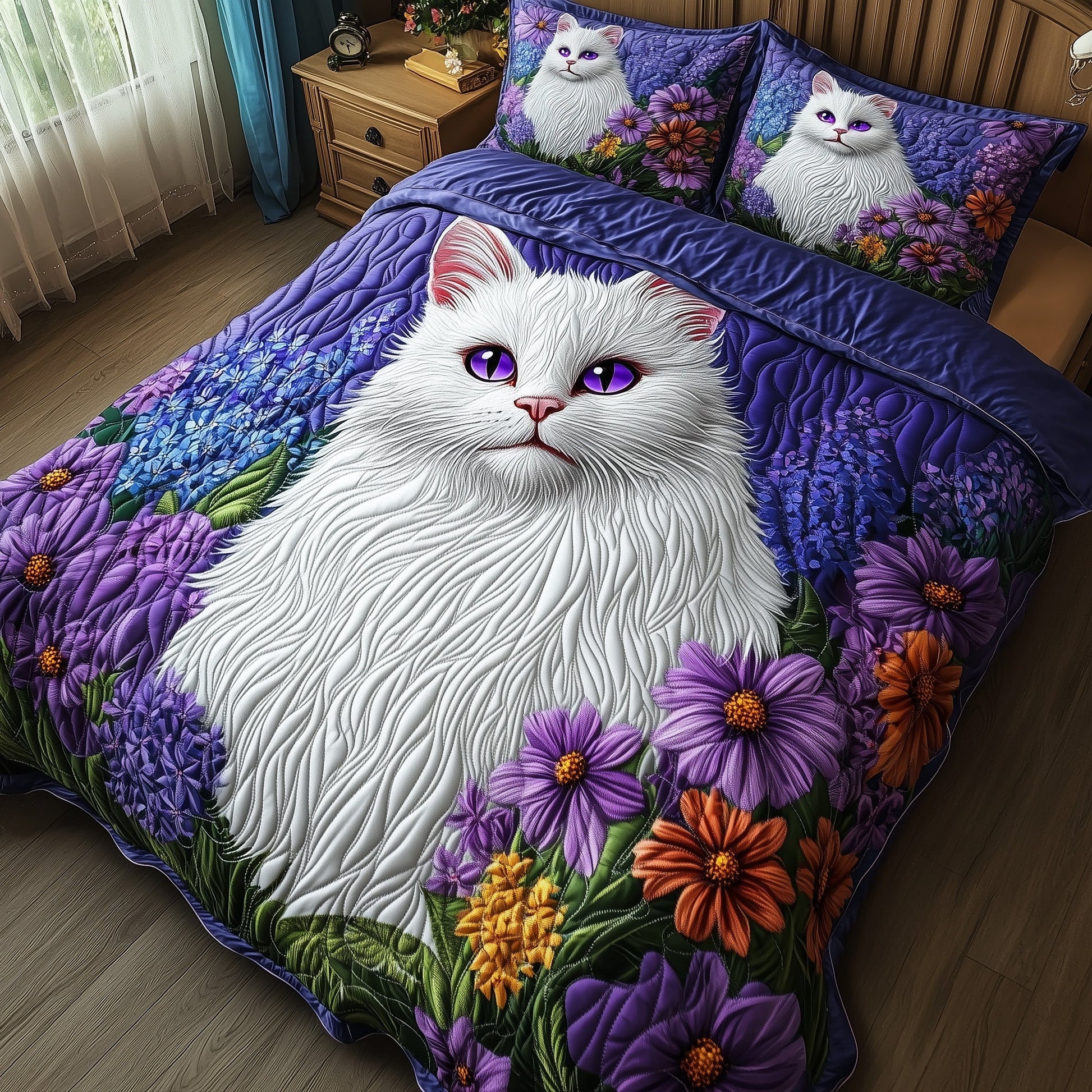 Majestic Cat Quilted Bedding Set Elegant Cat Purple Flowers Themed Cat Lovers Bedding Gifts - Bancroftclothings