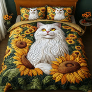 Majestic Cat Quilted Bedding Set Elegant Cat Sunflowers Floral Themed Cat Lovers Bedding Gifts - Bancroftclothings