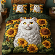 Majestic Cat Quilted Bedding Set Elegant Cat Sunflowers Themed Cat Lovers Bedding Gifts - Bancroftclothings