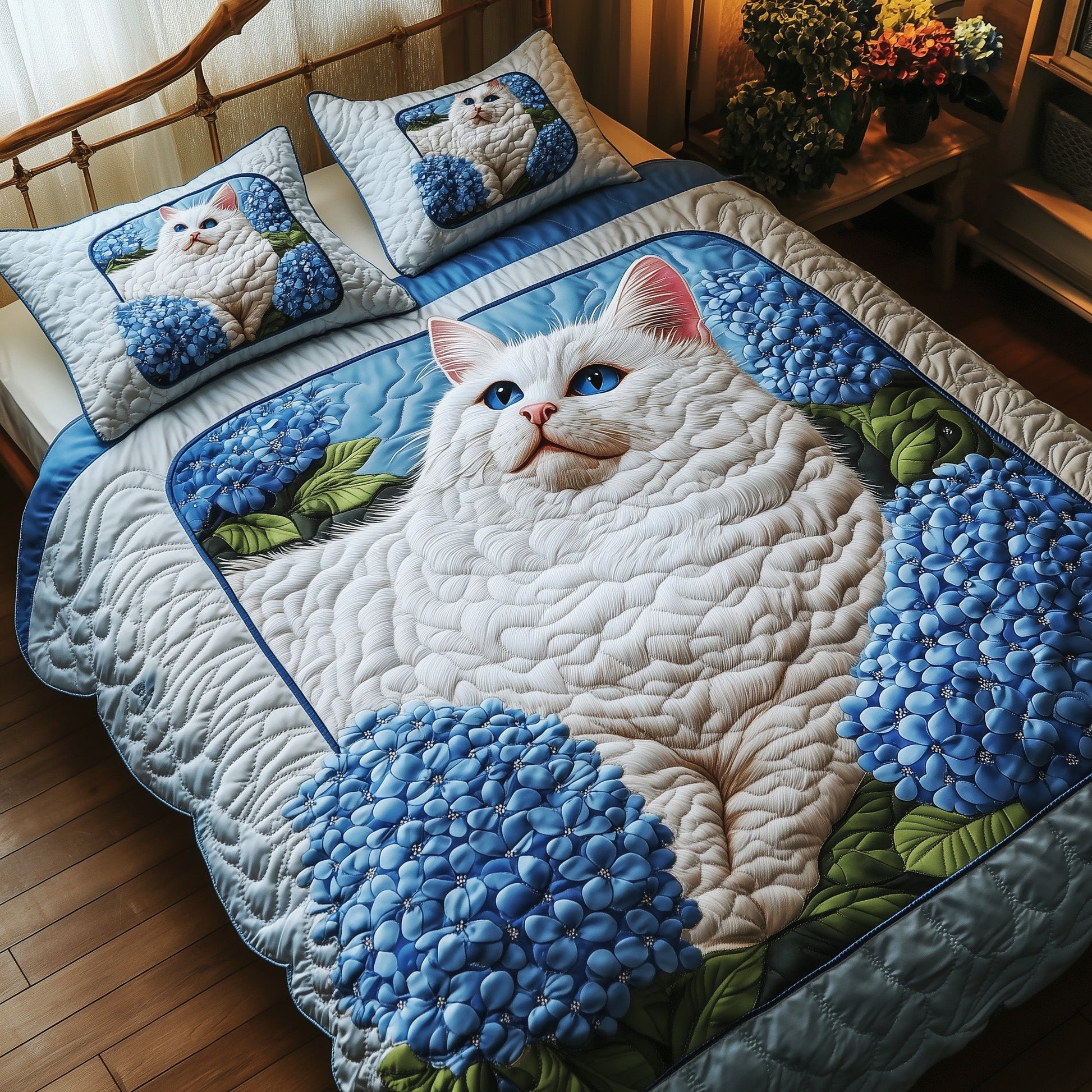 Majestic Cat Quilted Bedding Set Lovely Soft White Cat Decor Animal Bedding Gifts - Bancroftclothings