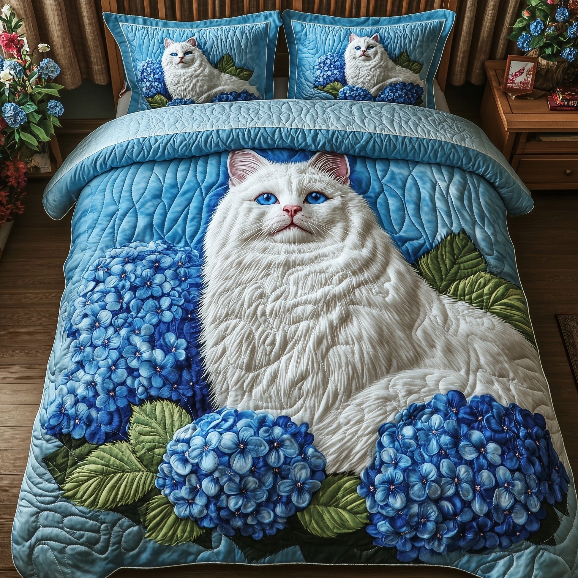 Majestic Cat Quilted Bedding Set White Cat Hydrangeas Decor Bedding Gifts For Pet Lovers - Bancroftclothings