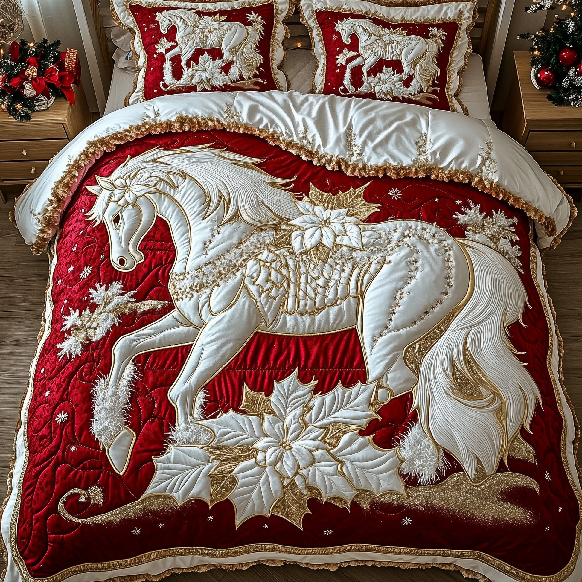 Majestic Horse Merry Christmas Quilted Bedding Set Wild Horse Inspired Theme Xmas Bedroom Decor - Bancroftclothings