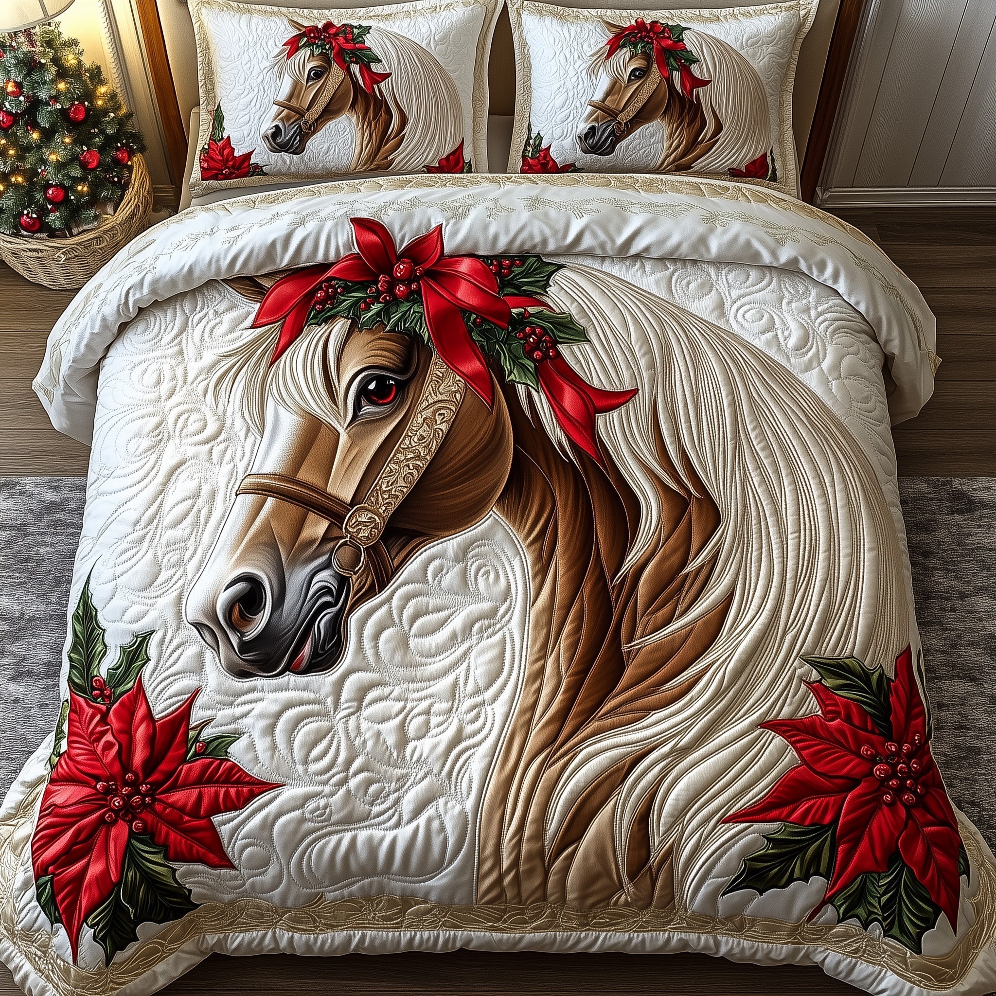 Majestic Horse Merry Christmas Quilted Bedding Set Xmas Horse Inspired Theme Horse Lovers Gifts - Bancroftclothings