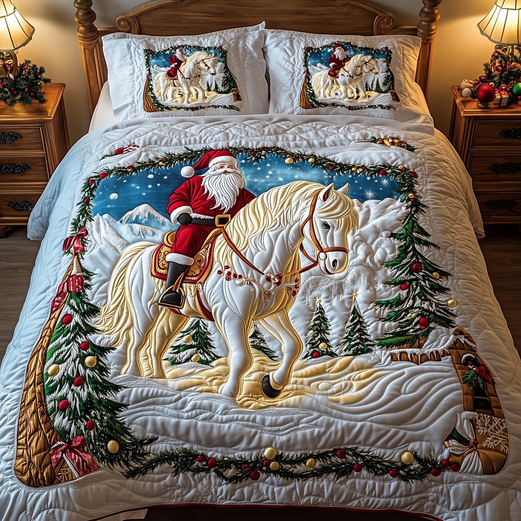Majestic Horse Quilted Bedding Set Golden Horse Santa On Horseback Bedding Gifts - Bancroftclothings