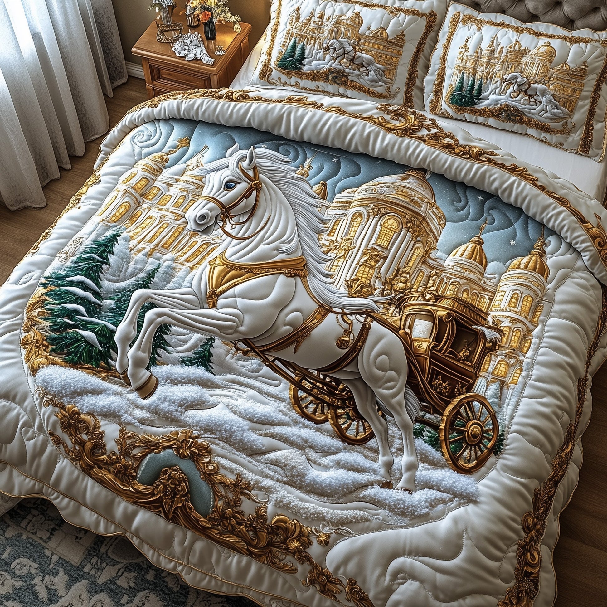 Majestic Horse Quilted Bedding Set White Carthorse Pattern Merry Christmas Day Gifts - Bancroftclothings