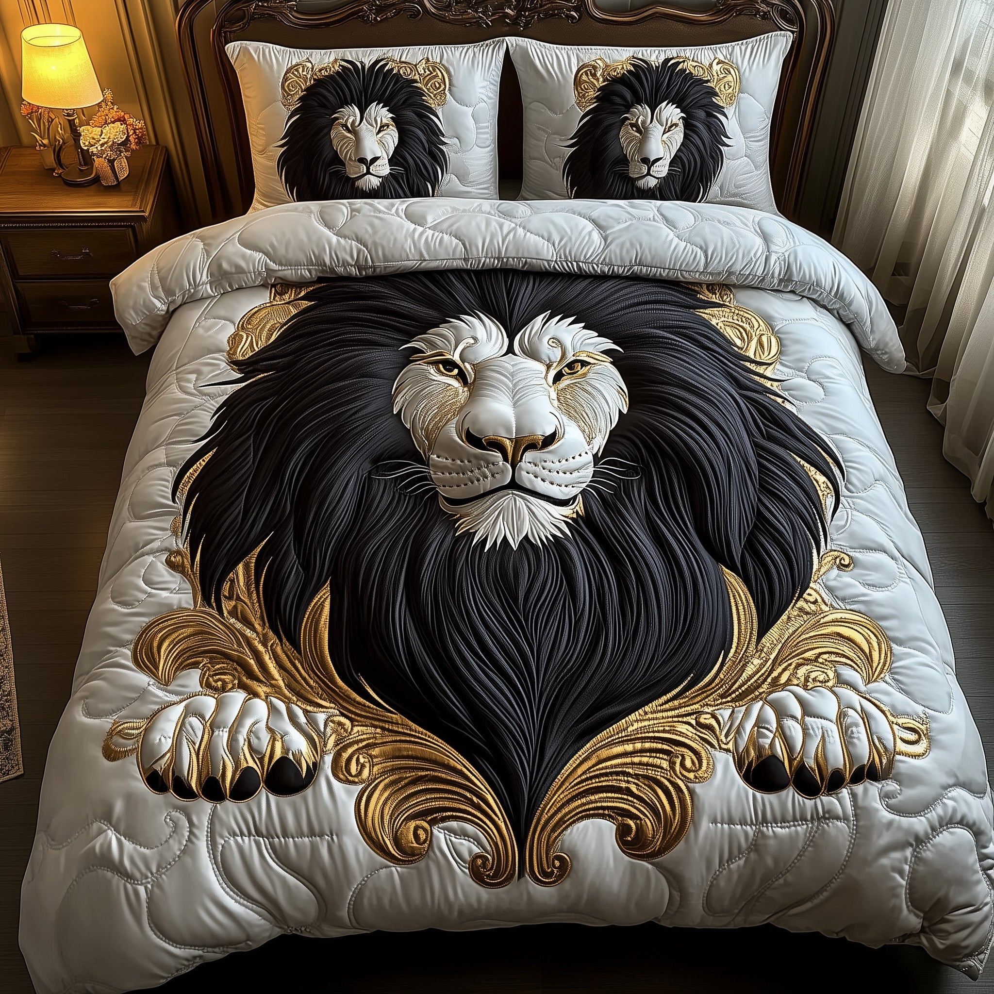 Majestic Lion Quilted Bedding Set Fierce Lion Theme Illustration Unique Animal Lover Bedding - Bancroftclothings