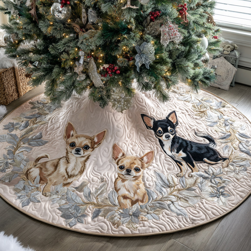 Merry Chihuahua Quilted Christmas Tree Skirt Luxury Christmas Tree Skirt for Elegant Homes Heartwarming Christmas Tree Skirt Gift for Loved Ones - Bancroftclothings
