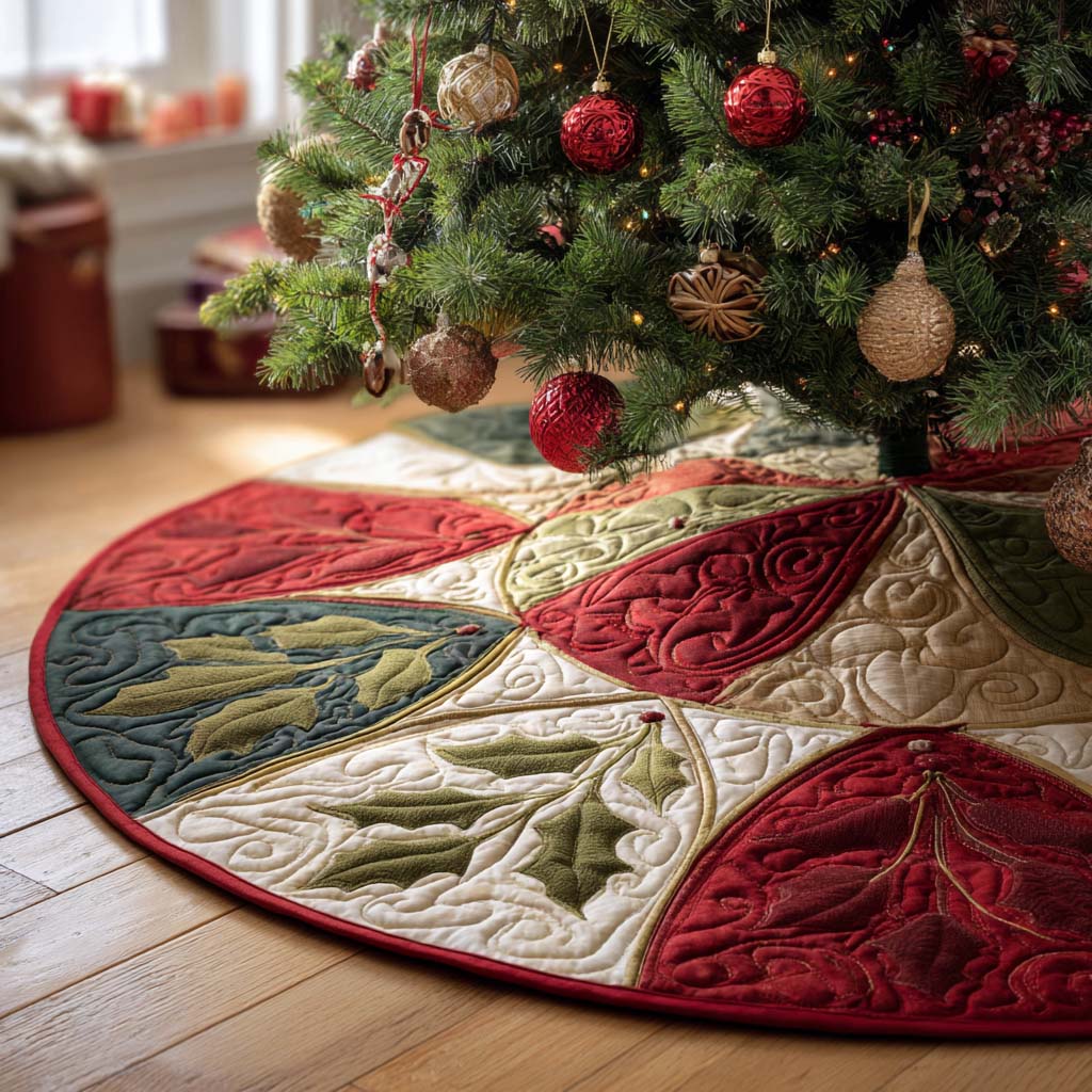 Merry Glow Circle Christmas Quilted Tree Skirt Must Have Holiday Merch for Christmas Decor - Bancroftclothings