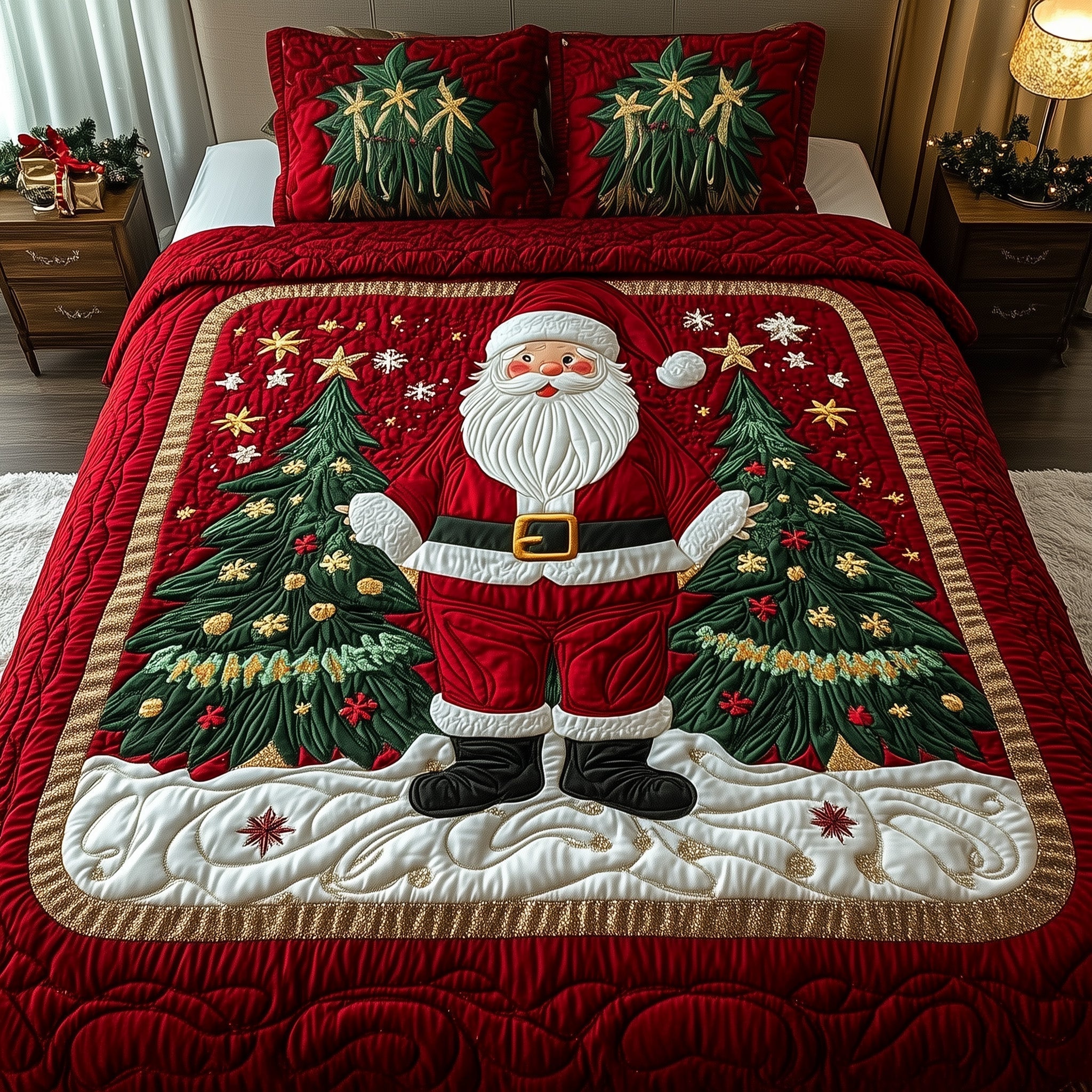 Merry Santa Quilted Bedding Set Santa Claus Bedding Ideal Gifts For Xmas Lovers - Bancroftclothings