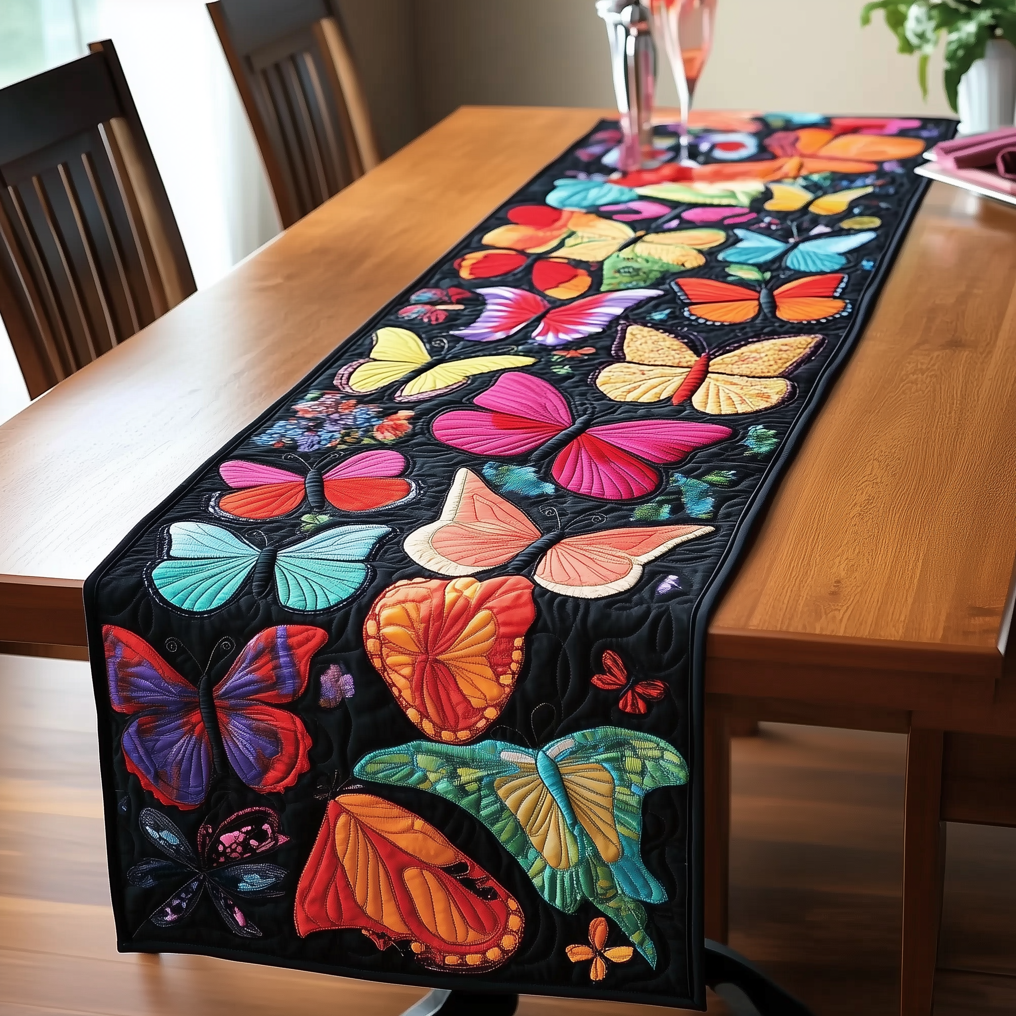 Midnight Butterflies Quilted Table Runner Cute Modern Table Runner Gifts For Butterfly Lovers - Bancroftclothings