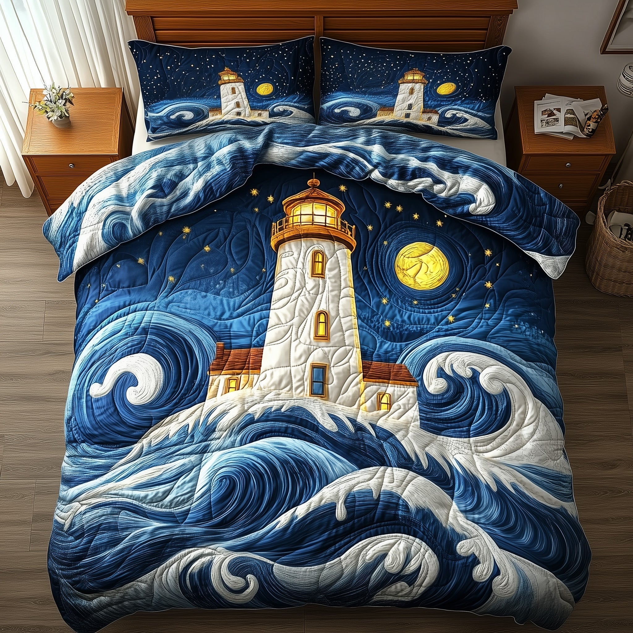 Midnight Lighthouse Quilted Bedding Set Starry Ocean Landscape Best Bedding Gifts - Bancroftclothings