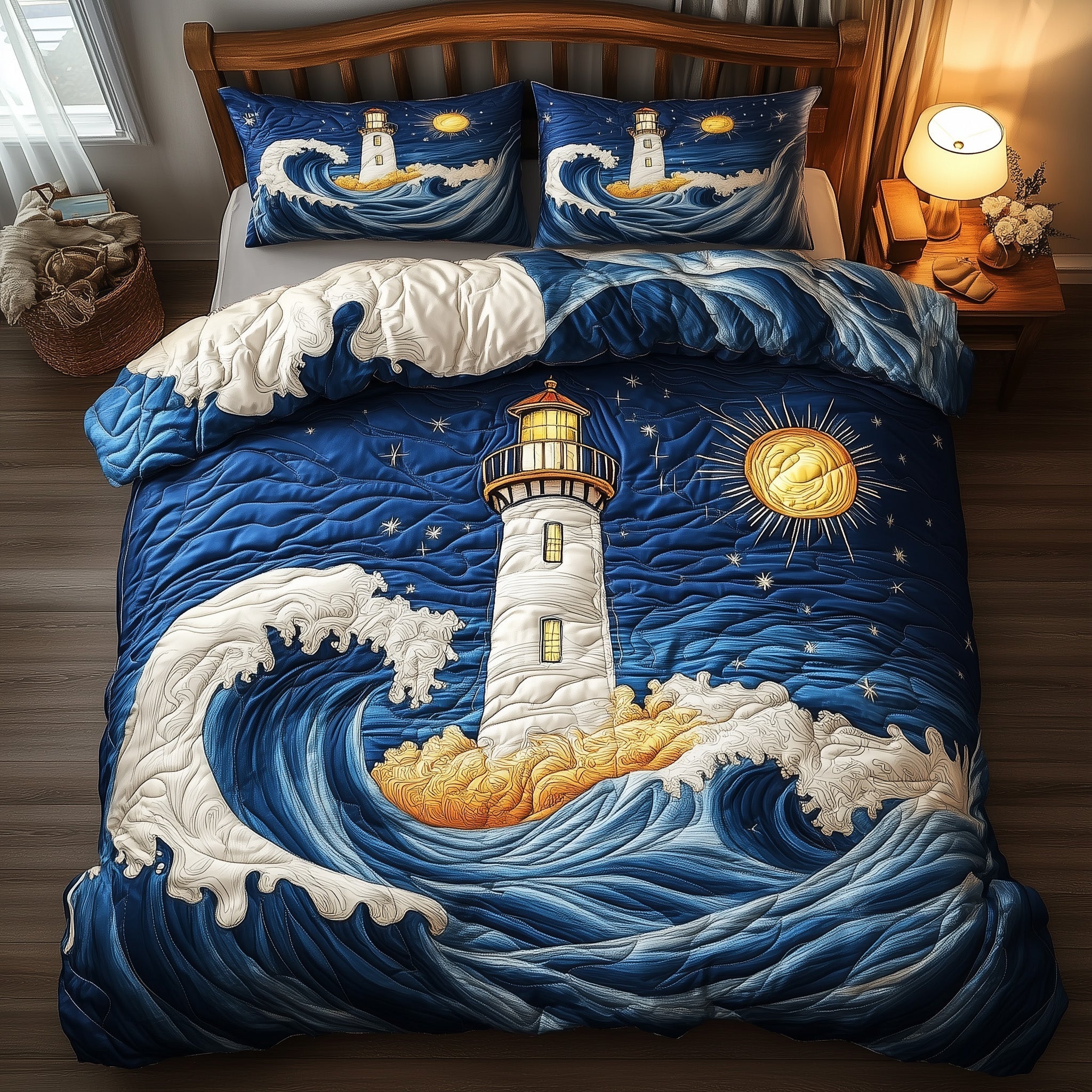 Midnight Lighthouse Quilted Bedding Set Starry Sky Lighthouse Decor Bedding Gifts - Bancroftclothings