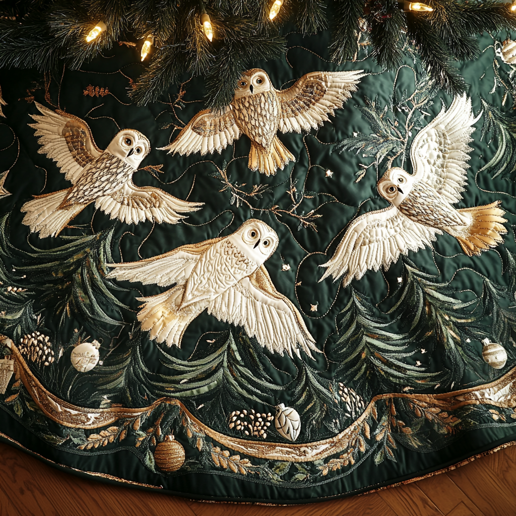 Midnight Snow Owls Christmas Quilted Tree Skirt Magical Christmas Tree Skirt to Impress Guests - Bancroftclothings