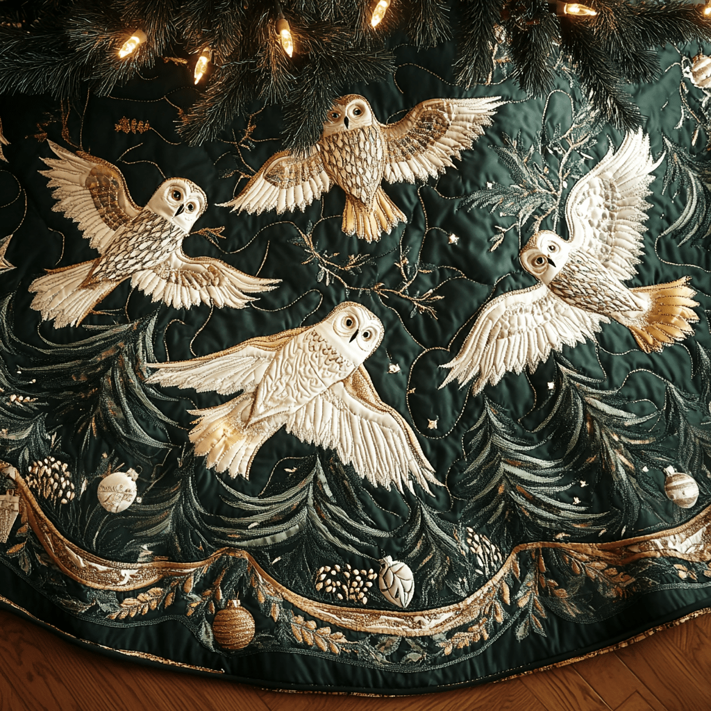 Midnight Snow Owls Christmas Quilted Tree Skirt Magical Christmas Tree Skirt to Impress Guests - Bancroftclothings