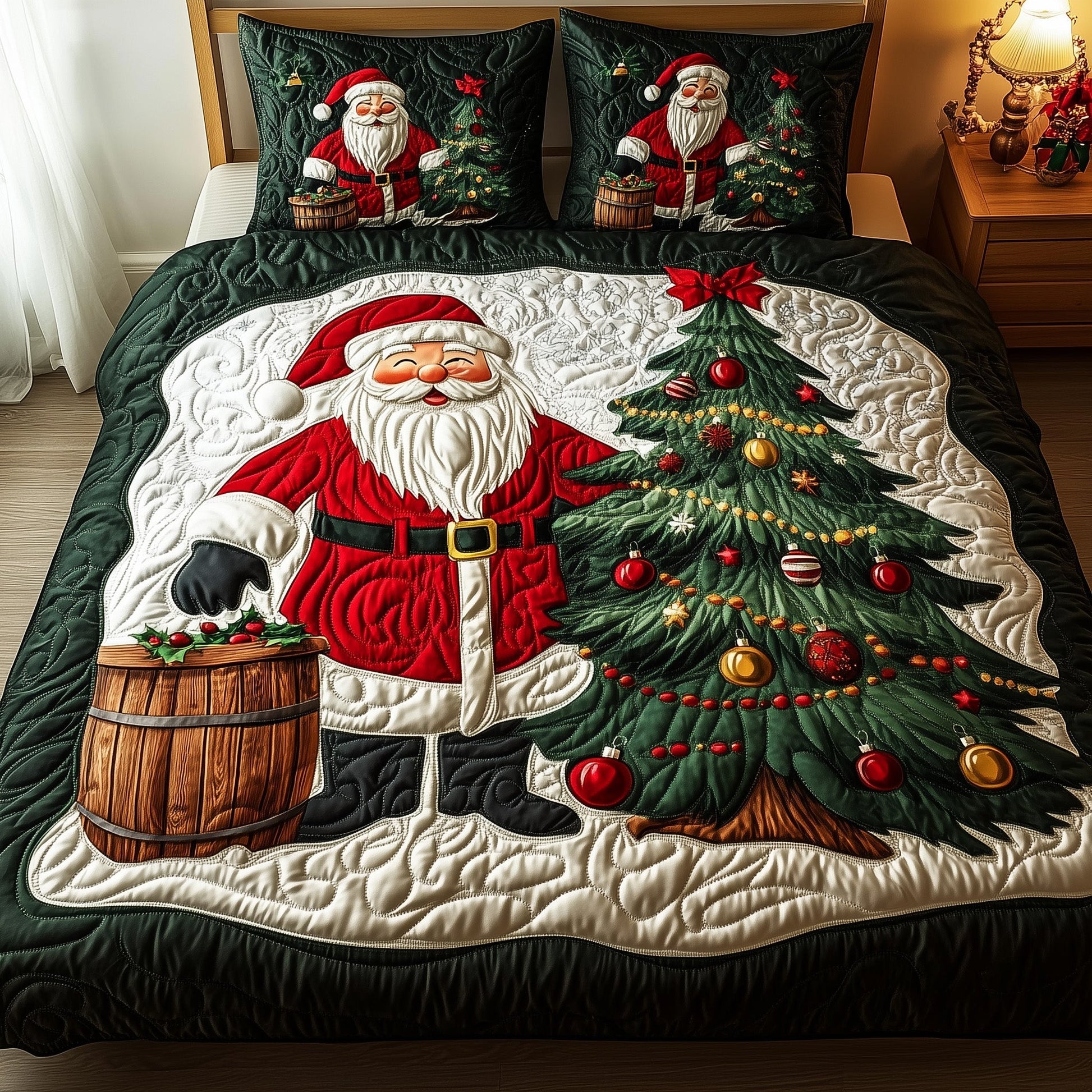 Miracle Village Quilted Bedding Set Santa Christmas Tree Decor Great Xmas Bedding Gifts - Bancroftclothings