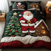 Miracle Village Quilted Bedding Set Santa Wooden House Tree Decor Cool Xmas Bedding Gifts - Bancroftclothings